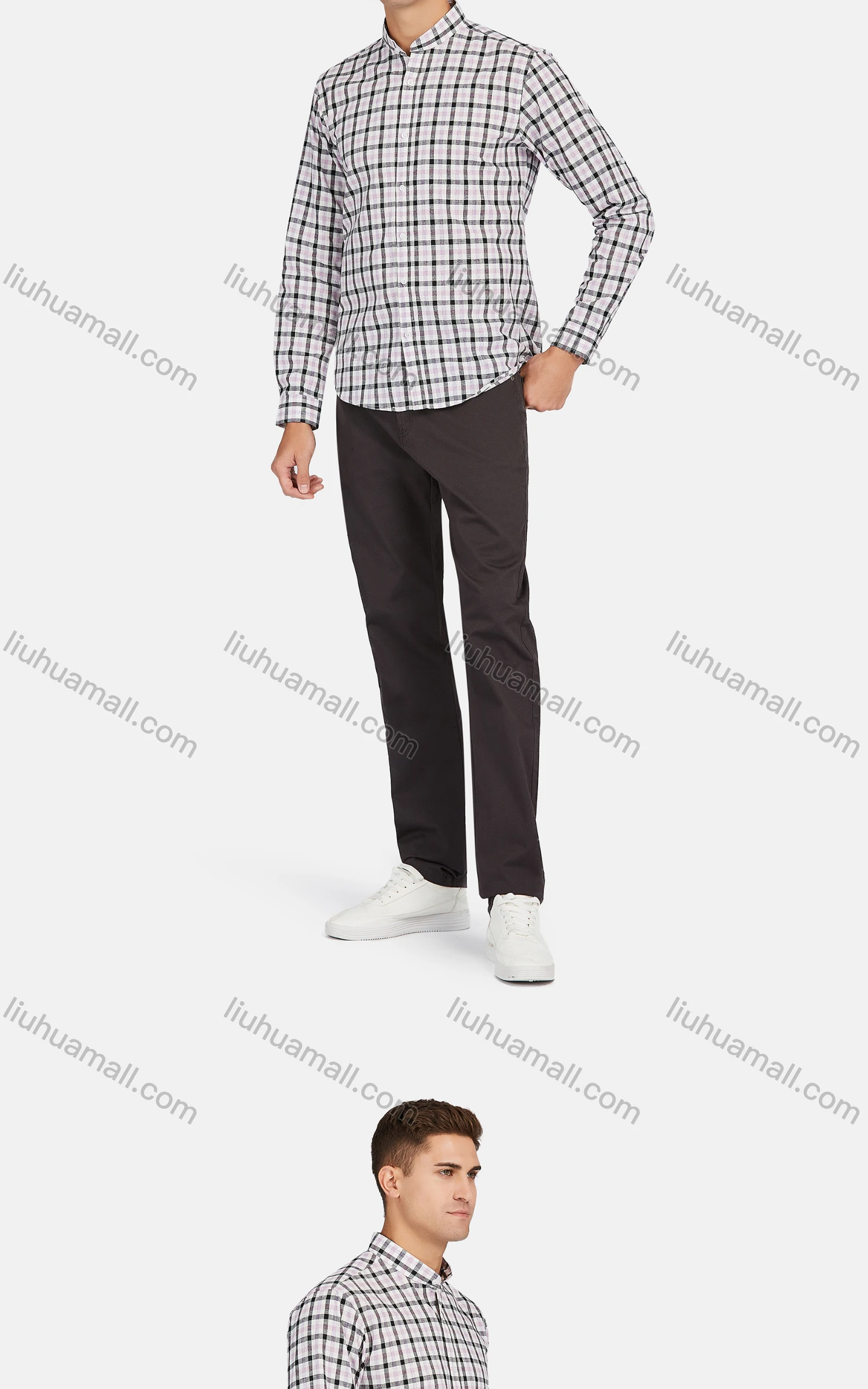 Wholesale Men's Slim Fit Mandarin Collar Long Sleeve Button Down Gingham Shirts - Liuhuamall