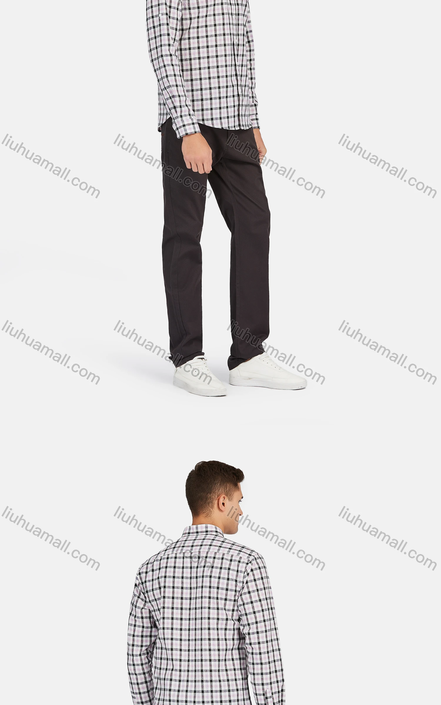 Wholesale Men's Slim Fit Mandarin Collar Long Sleeve Button Down Gingham Shirts - Liuhuamall