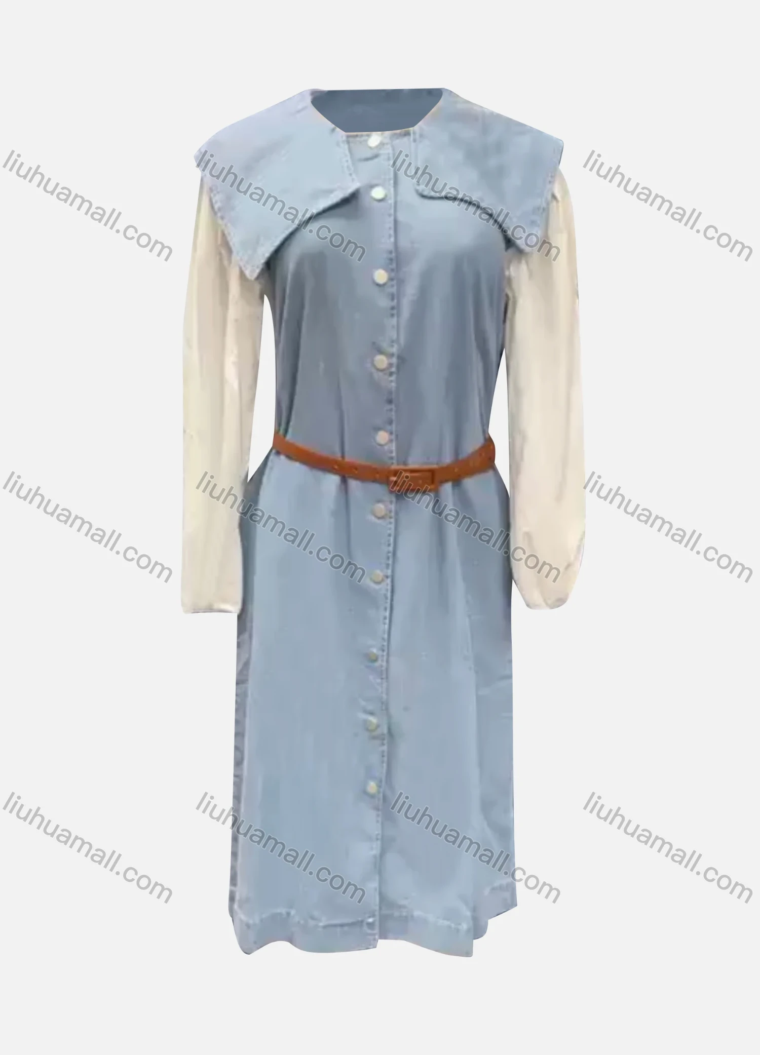 Wholesale Women's Casual Peter Pan Collar Button Down Plain Dress With Belt - Liuhuamall