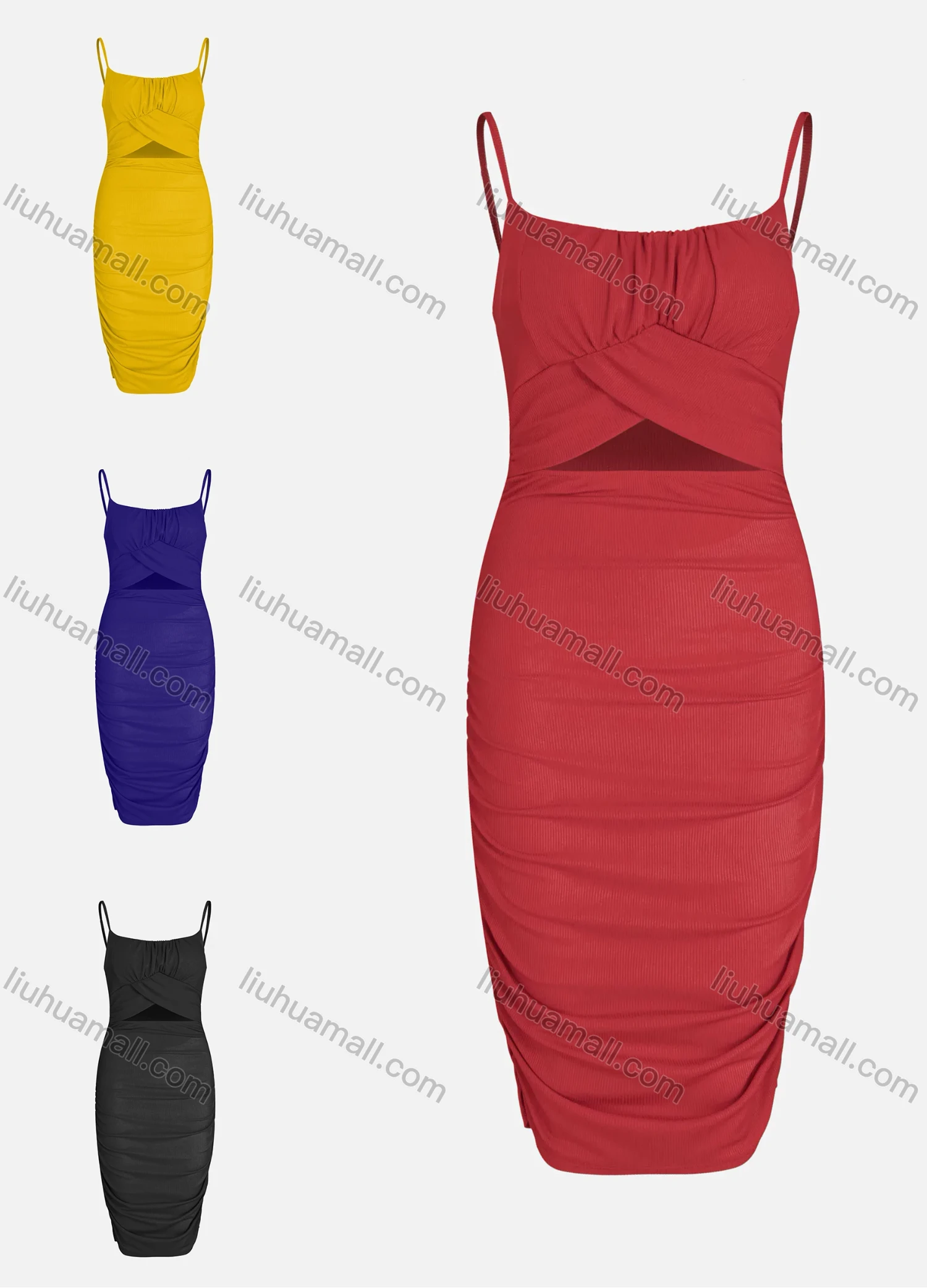 Wholesale Women's Fashion Square Neck Ruched Cutout Bodycon Plain Cami Dress - Liuhuamall