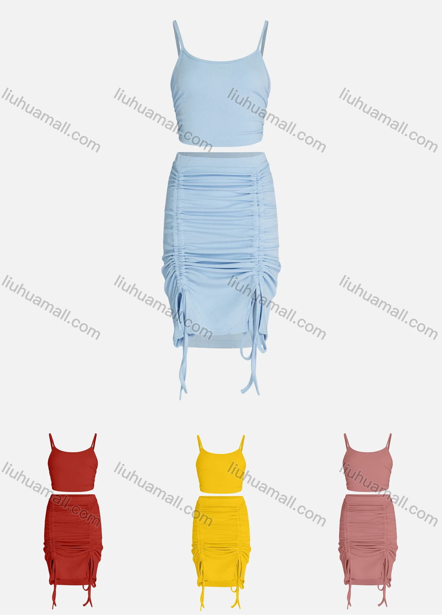 Wholesale Women's Fashion Plain Drawstring Cami Top & Skirt Sets - Liuhuamall