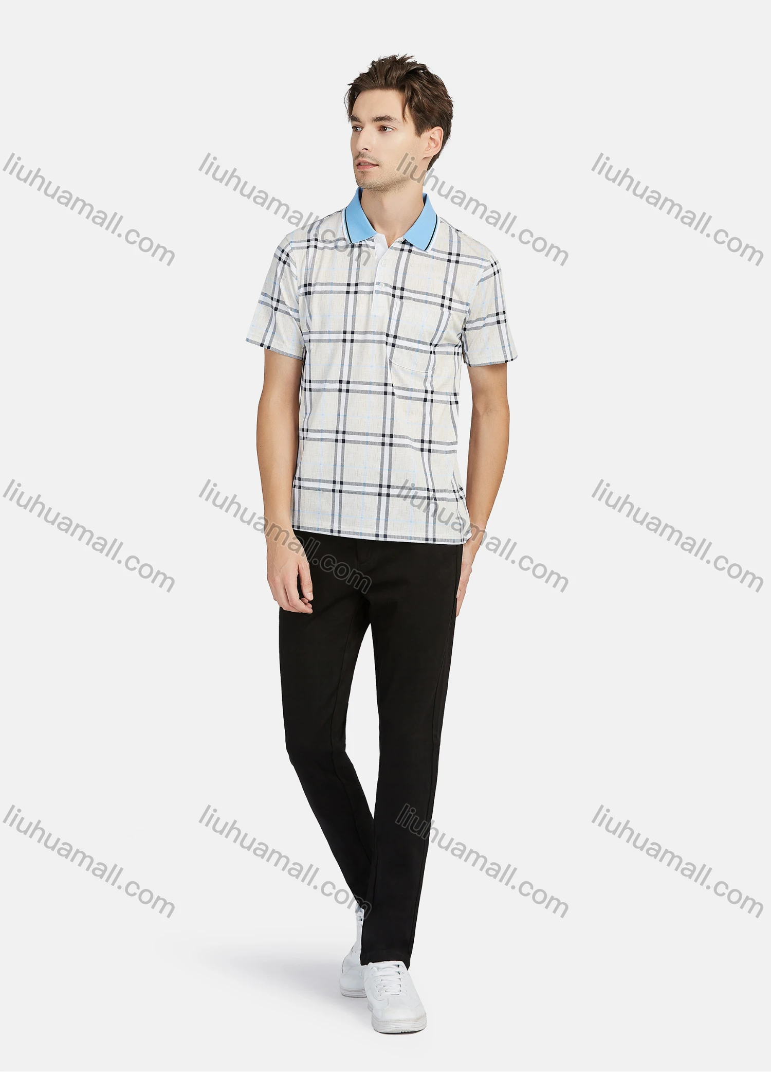 Wholesale Men's Casual Plaid Print Contrast Short Sleeve Patch Pocket Polo Shirts - Liuhuamall