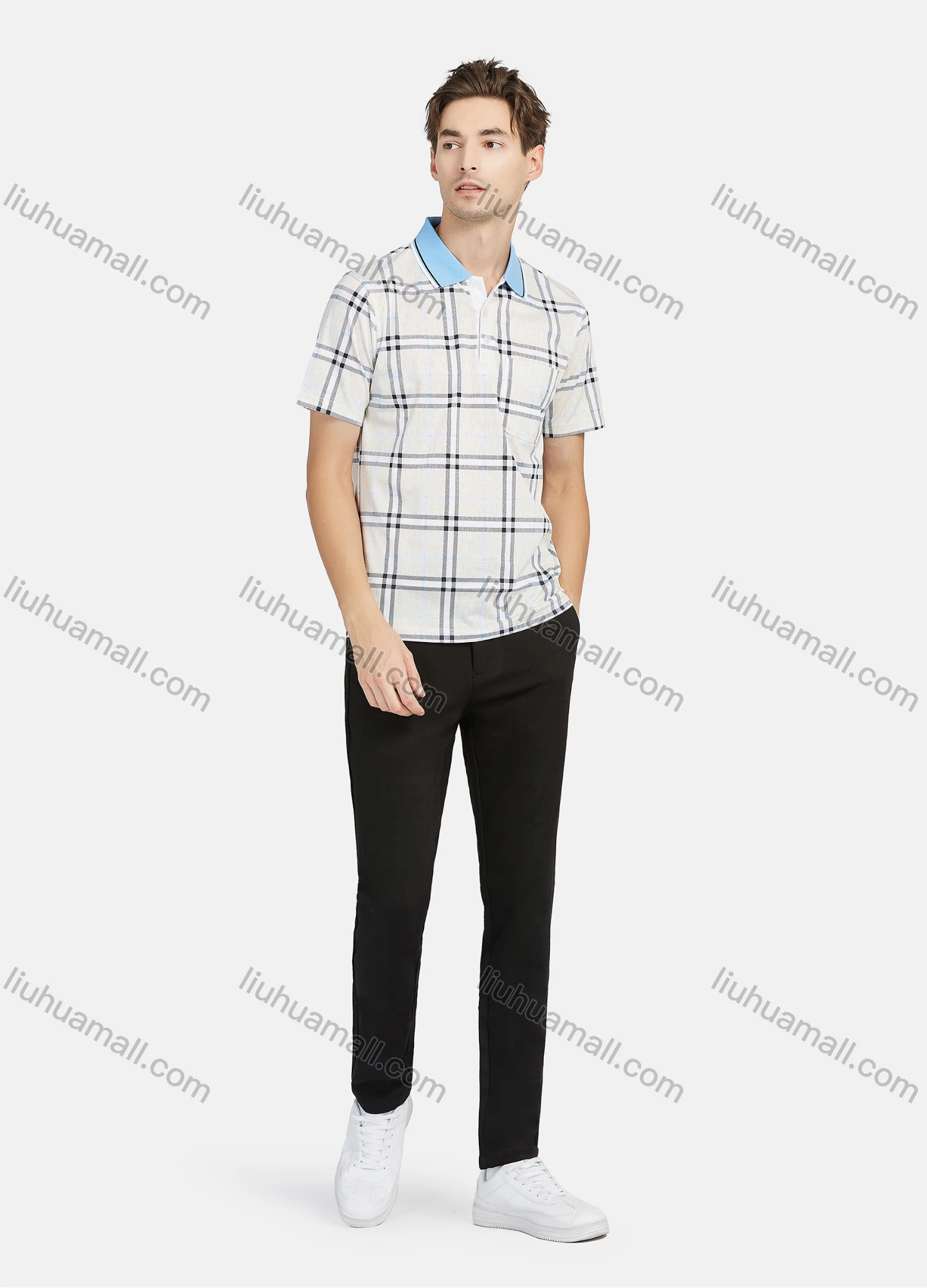 Wholesale Men's Casual Plaid Print Contrast Short Sleeve Patch Pocket Polo Shirts - Liuhuamall