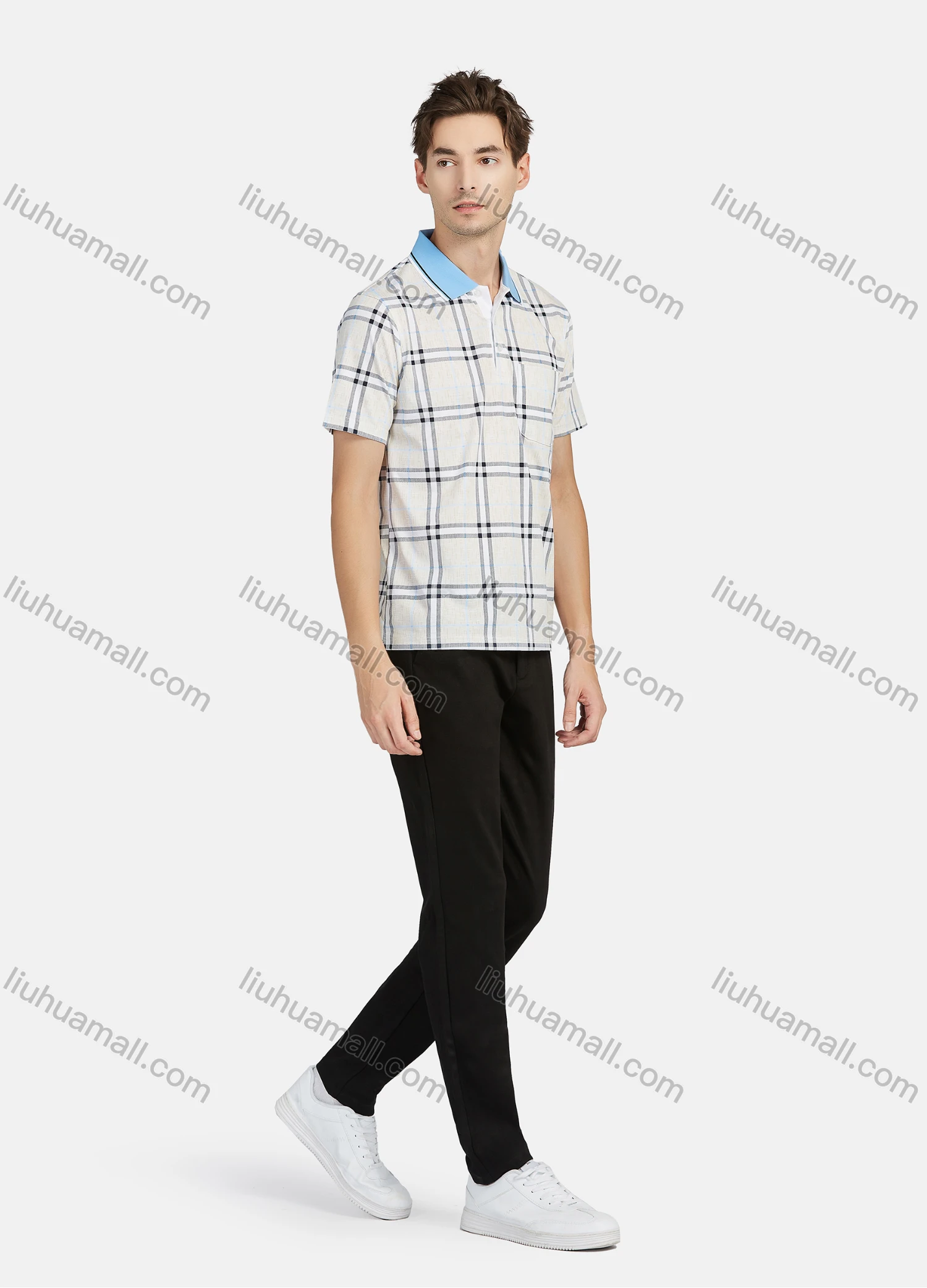 Wholesale Men's Casual Plaid Print Contrast Short Sleeve Patch Pocket Polo Shirts - Liuhuamall