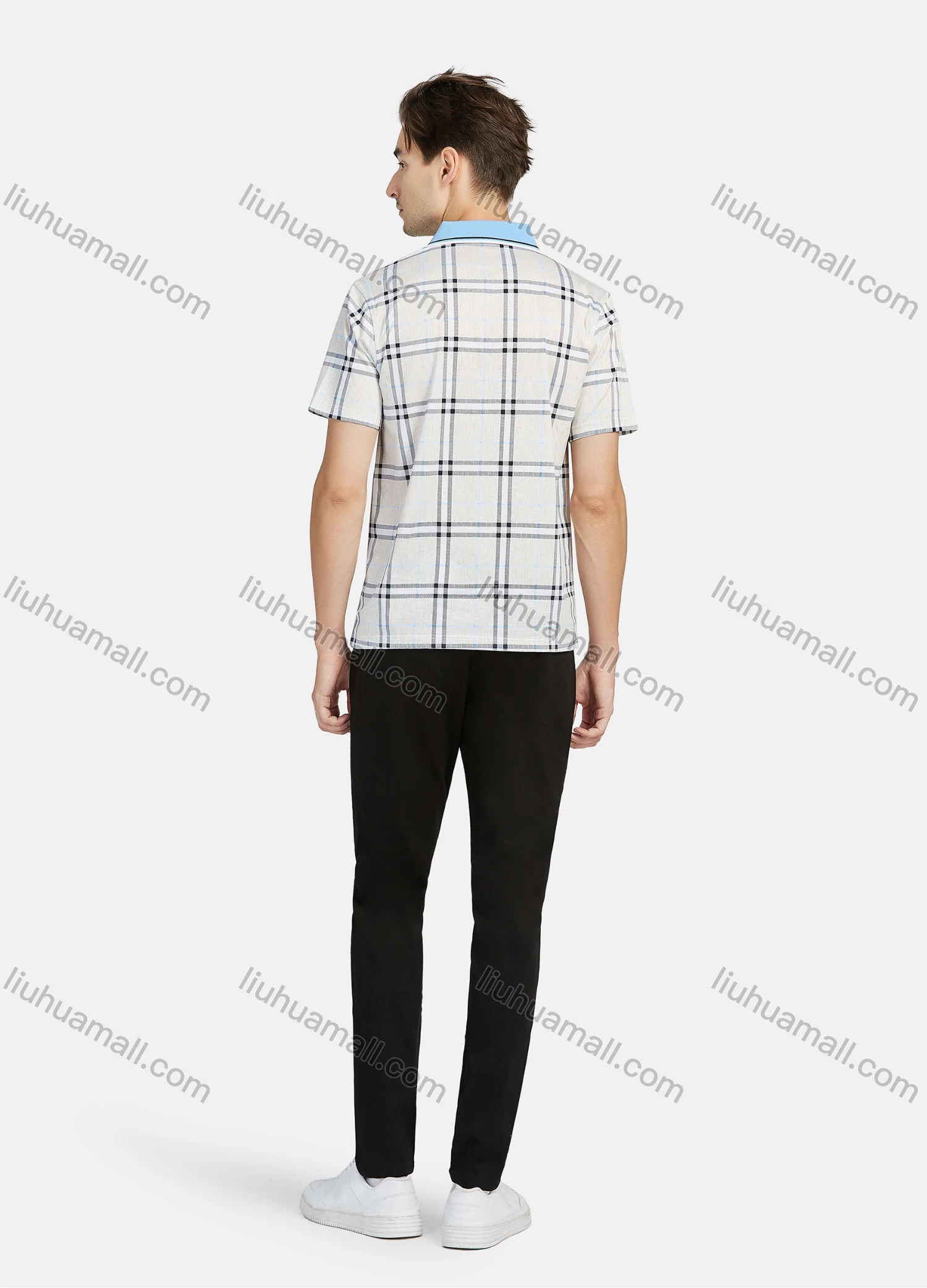 Wholesale Men's Casual Plaid Print Contrast Short Sleeve Patch Pocket Polo Shirts - Liuhuamall