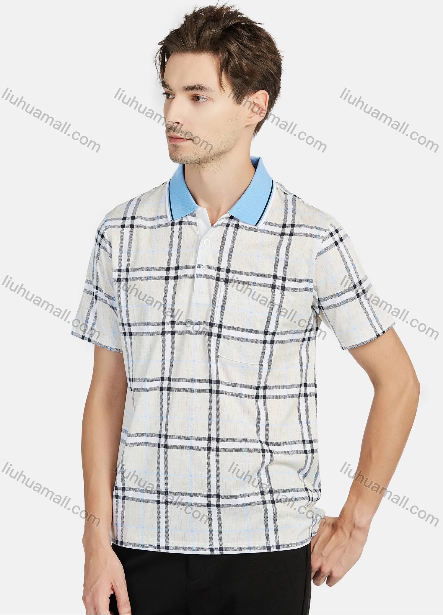 Wholesale Men's Casual Plaid Print Contrast Short Sleeve Patch Pocket Polo Shirts - Liuhuamall