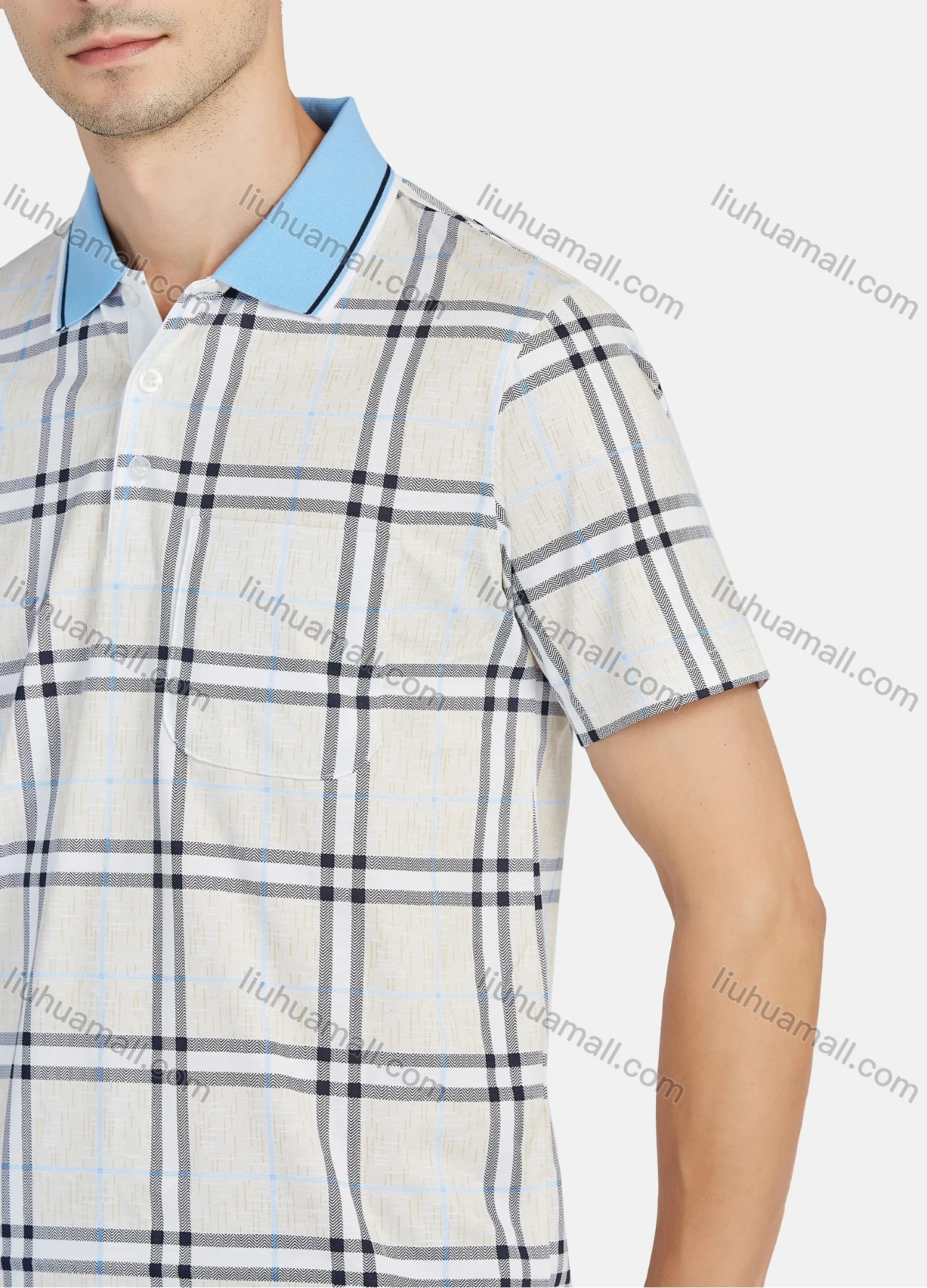 Wholesale Men's Casual Plaid Print Contrast Short Sleeve Patch Pocket Polo Shirts - Liuhuamall
