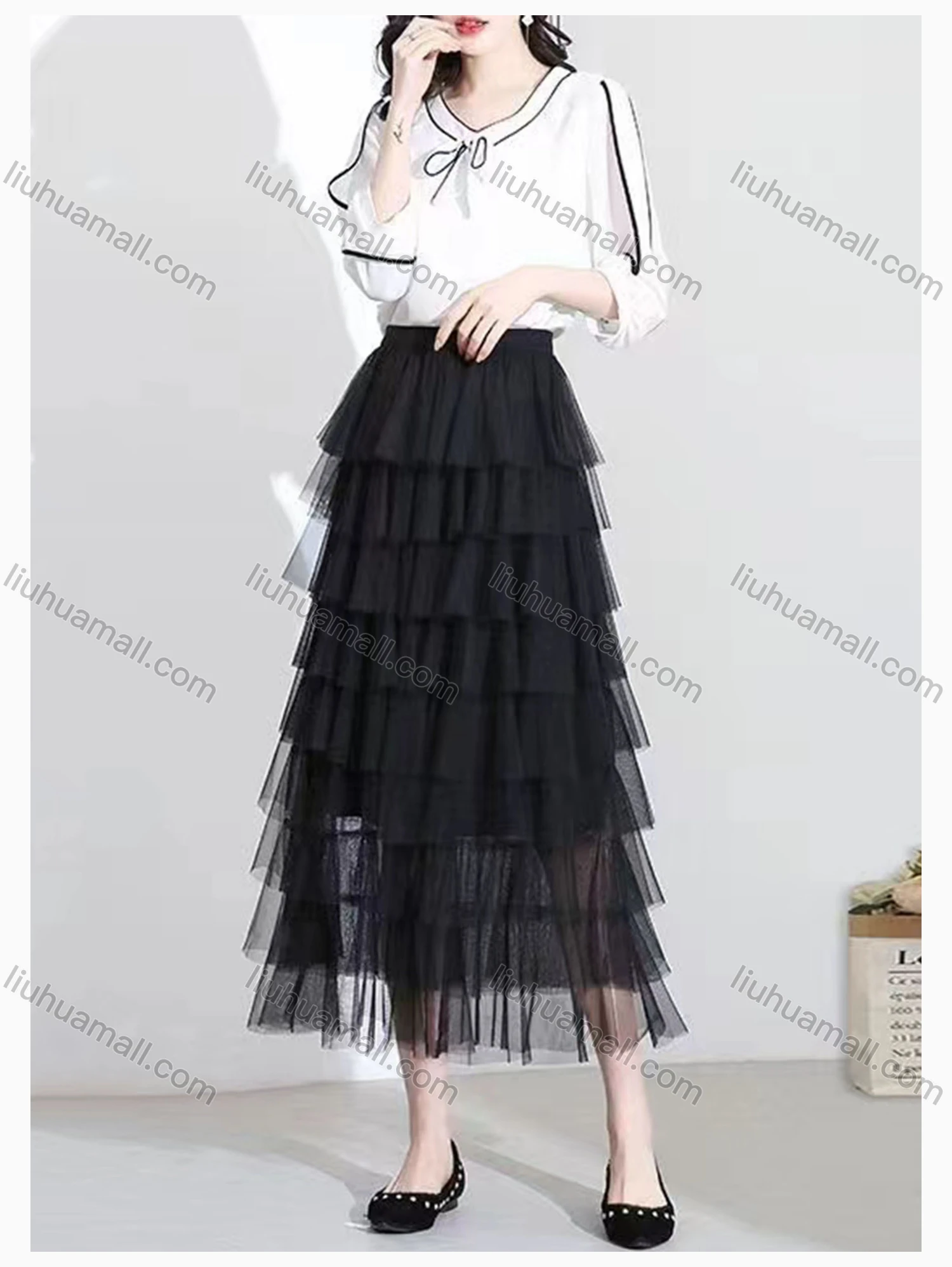 Wholesale Women's Casual Plain Elastic Waist High Waist Tiered Skirt - Liuhuamall