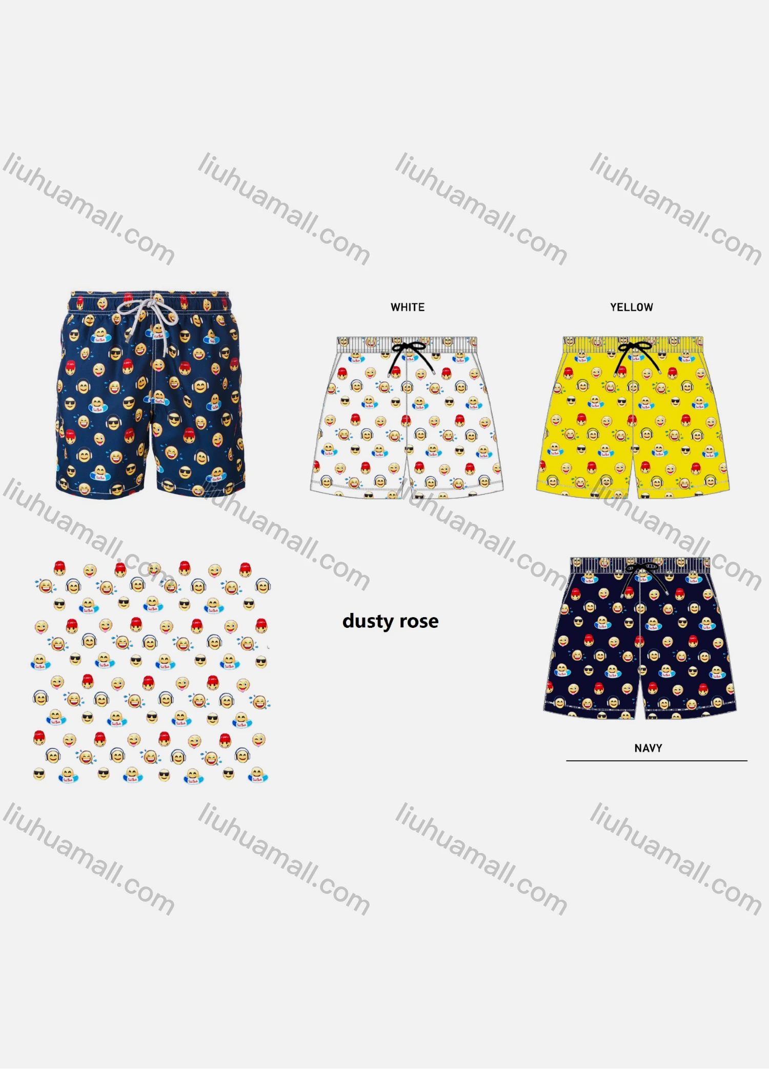 Wholesale Unisex Swim Trunks Quick Dry Emoji Graphic Drawstring Beach Shorts - Liuhuamall