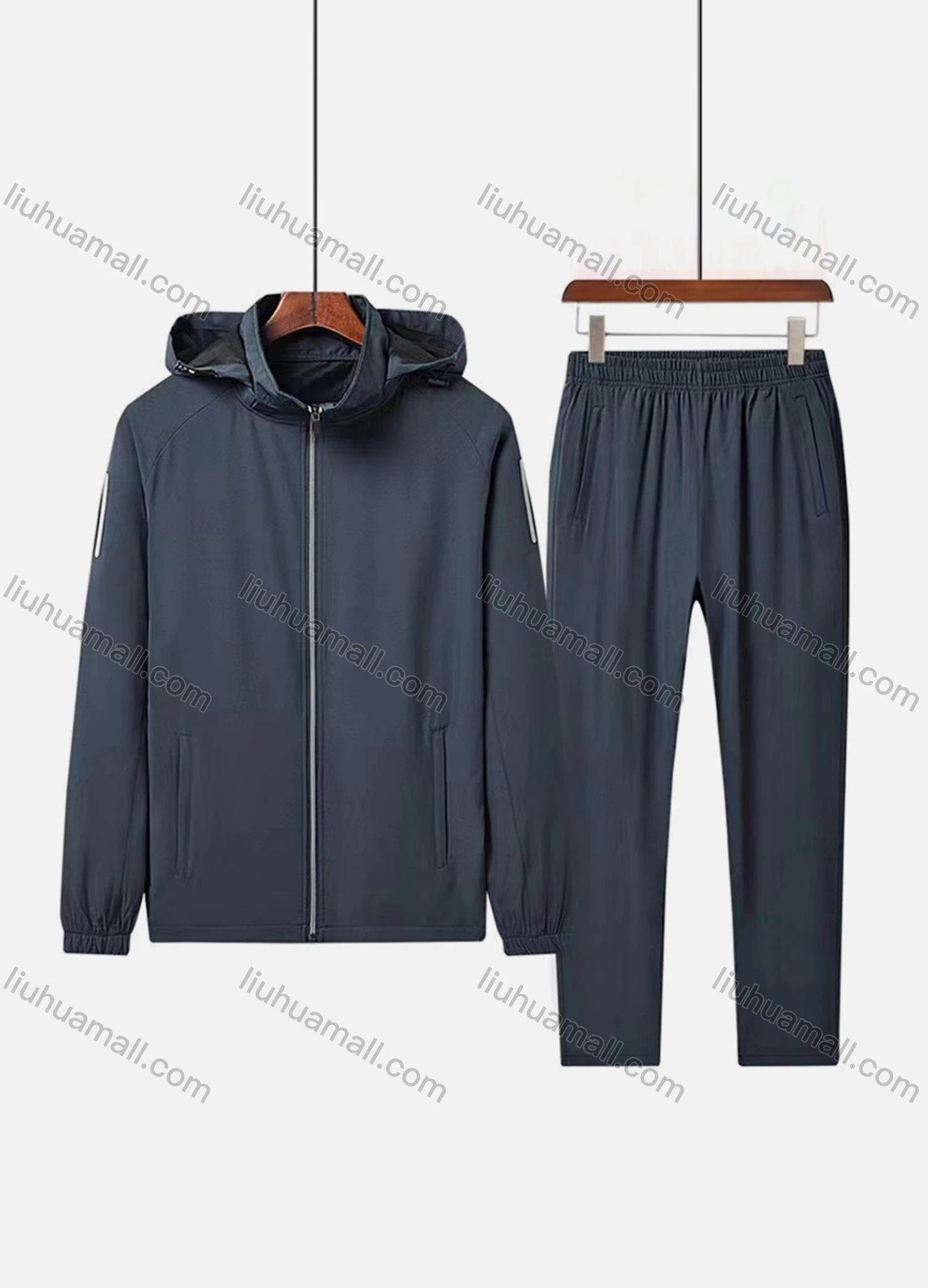 Wholesale Men's Sporty Zipper Pockets Striped Hooded Jacket & Pants Set - Liuhuamall