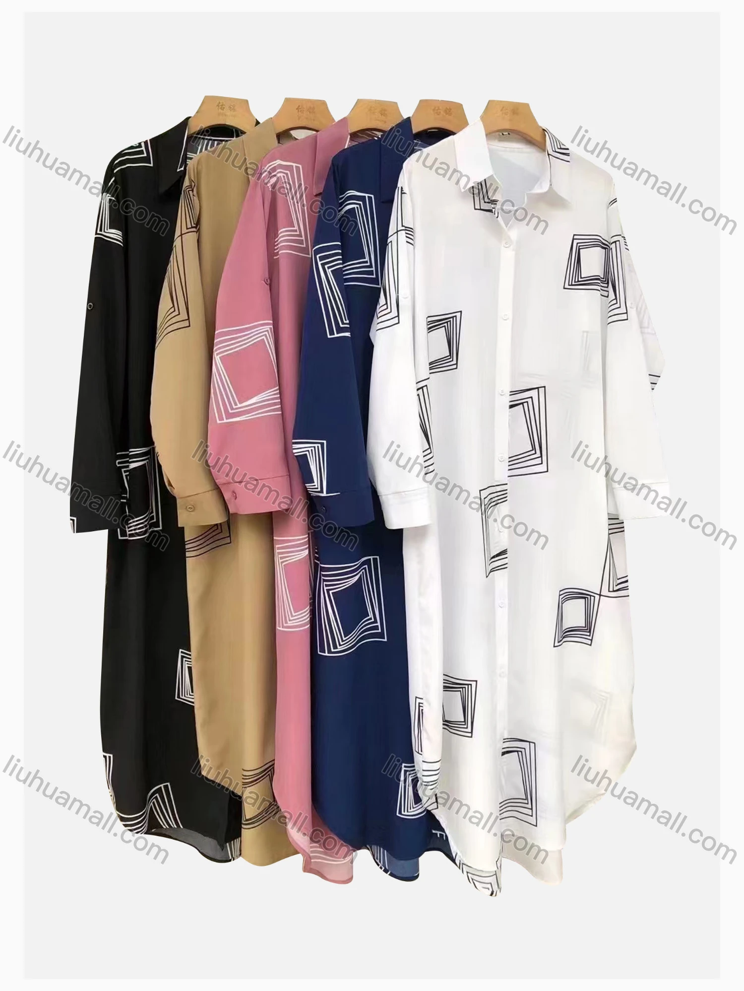 Wholesale Women's Casual Collared Long Sleeve Chain Print Overshirt Tunic - Liuhuamall