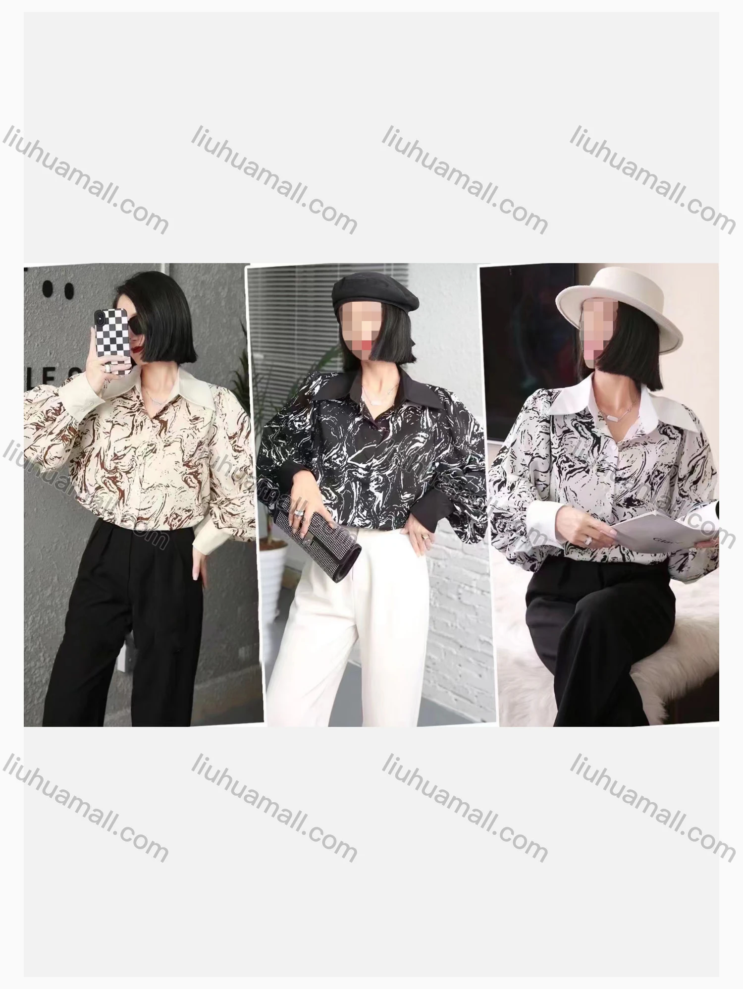 Wholesale Women's Casual Collared Long Sleeve Allover Print Top - Liuhuamall