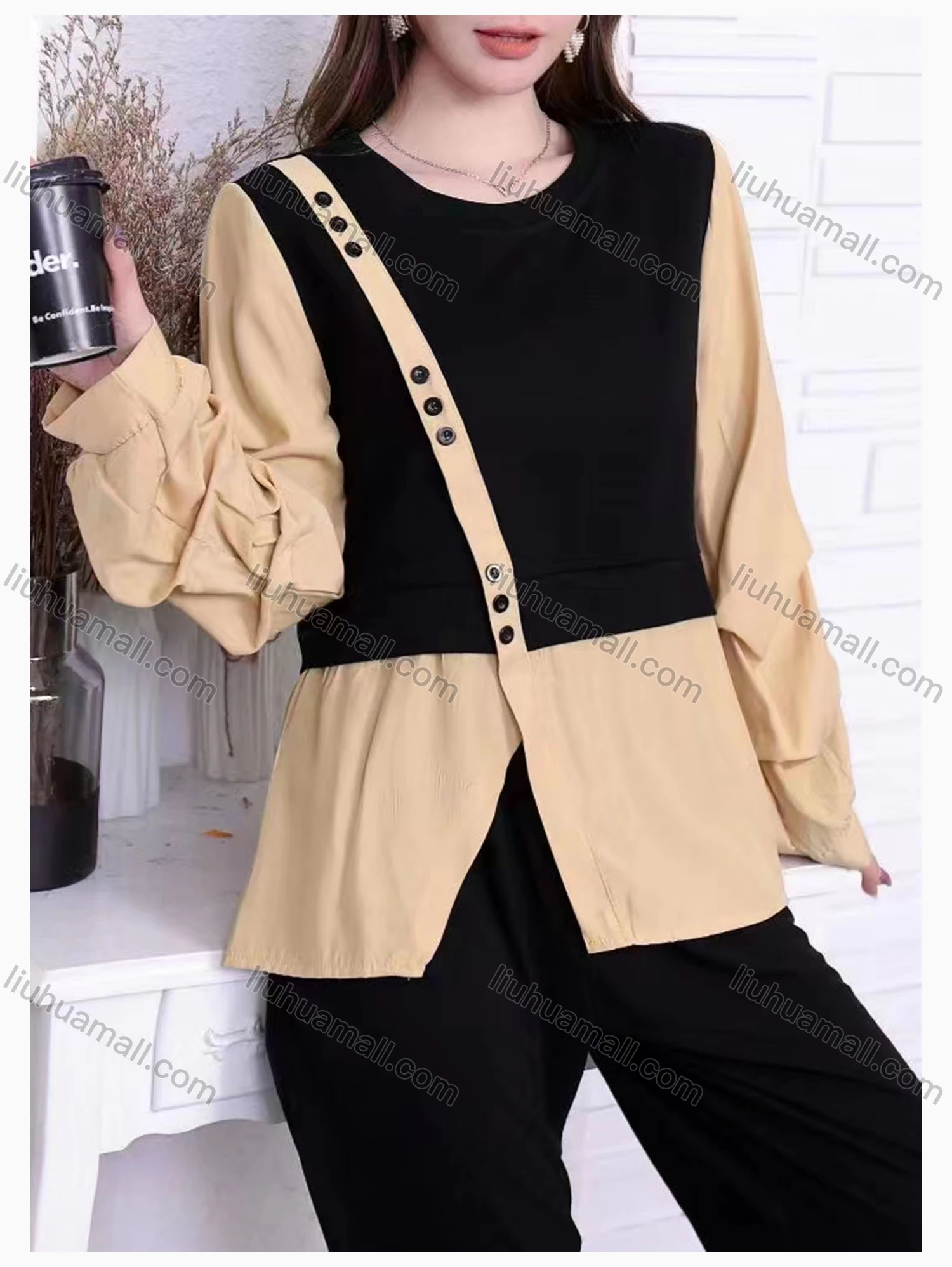 Wholesale Women's Casual 2 In 1 Poet Sleeve Round Neck Button Decor Colorblock Top - Liuhuamall