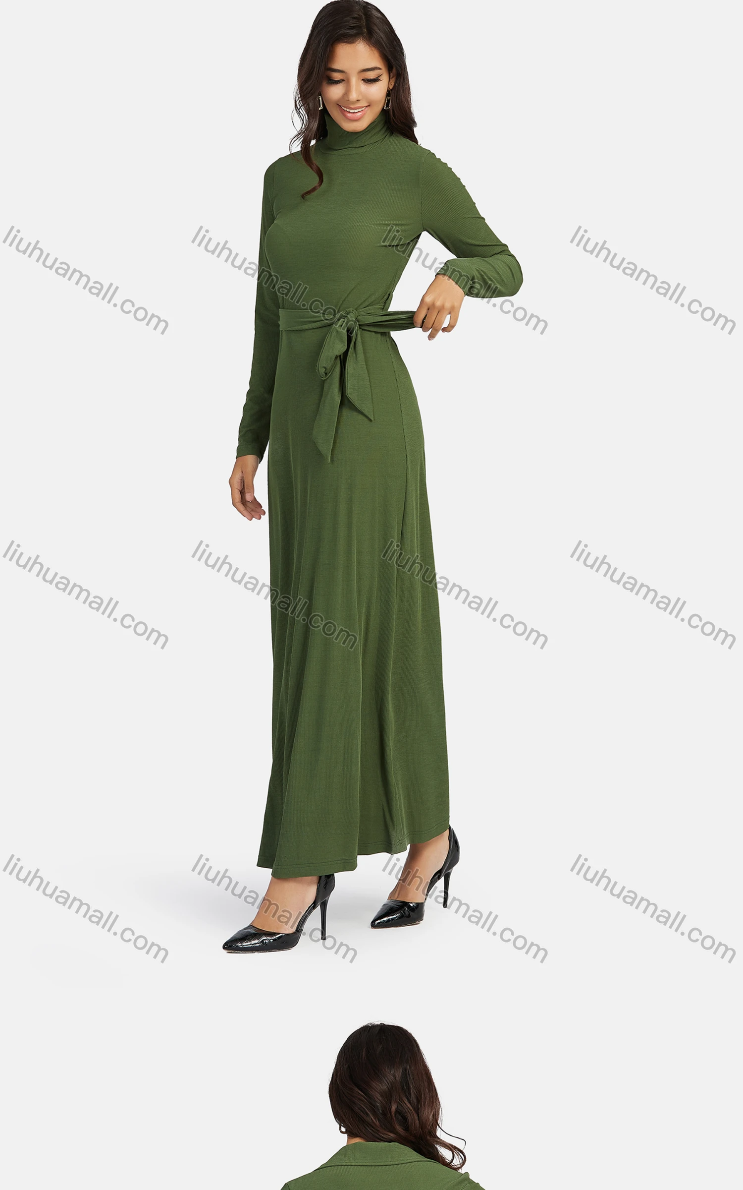 Wholesale Women's Casual Plain Turtleneck Rib-knit Lace Up Maxi Dress - Liuhuamall
