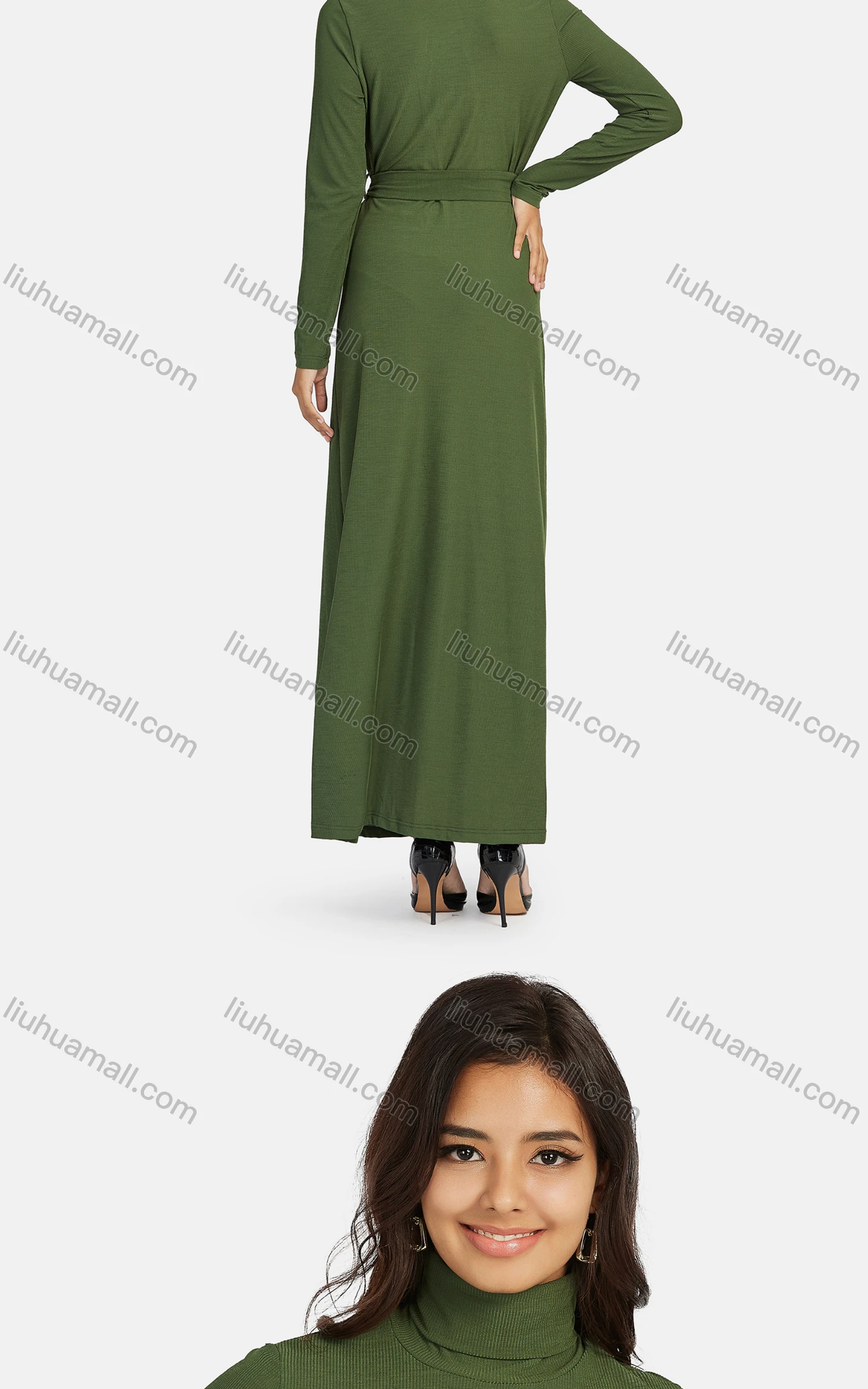 Wholesale Women's Casual Plain Turtleneck Rib-knit Lace Up Maxi Dress - Liuhuamall