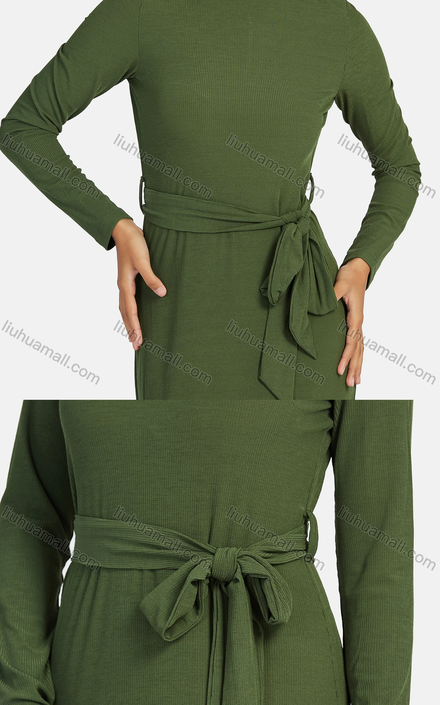 Wholesale Women's Casual Plain Turtleneck Rib-knit Lace Up Maxi Dress - Liuhuamall