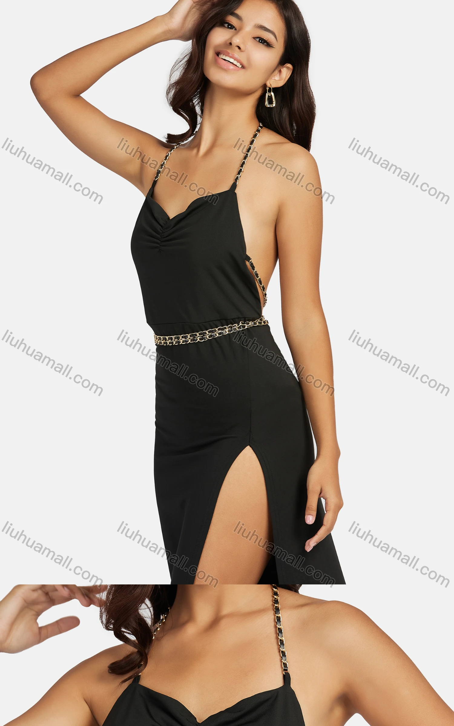 Wholesale Women's Sexy Halter Split Thigh Metal Chain Backless Short Dress - Liuhuamall