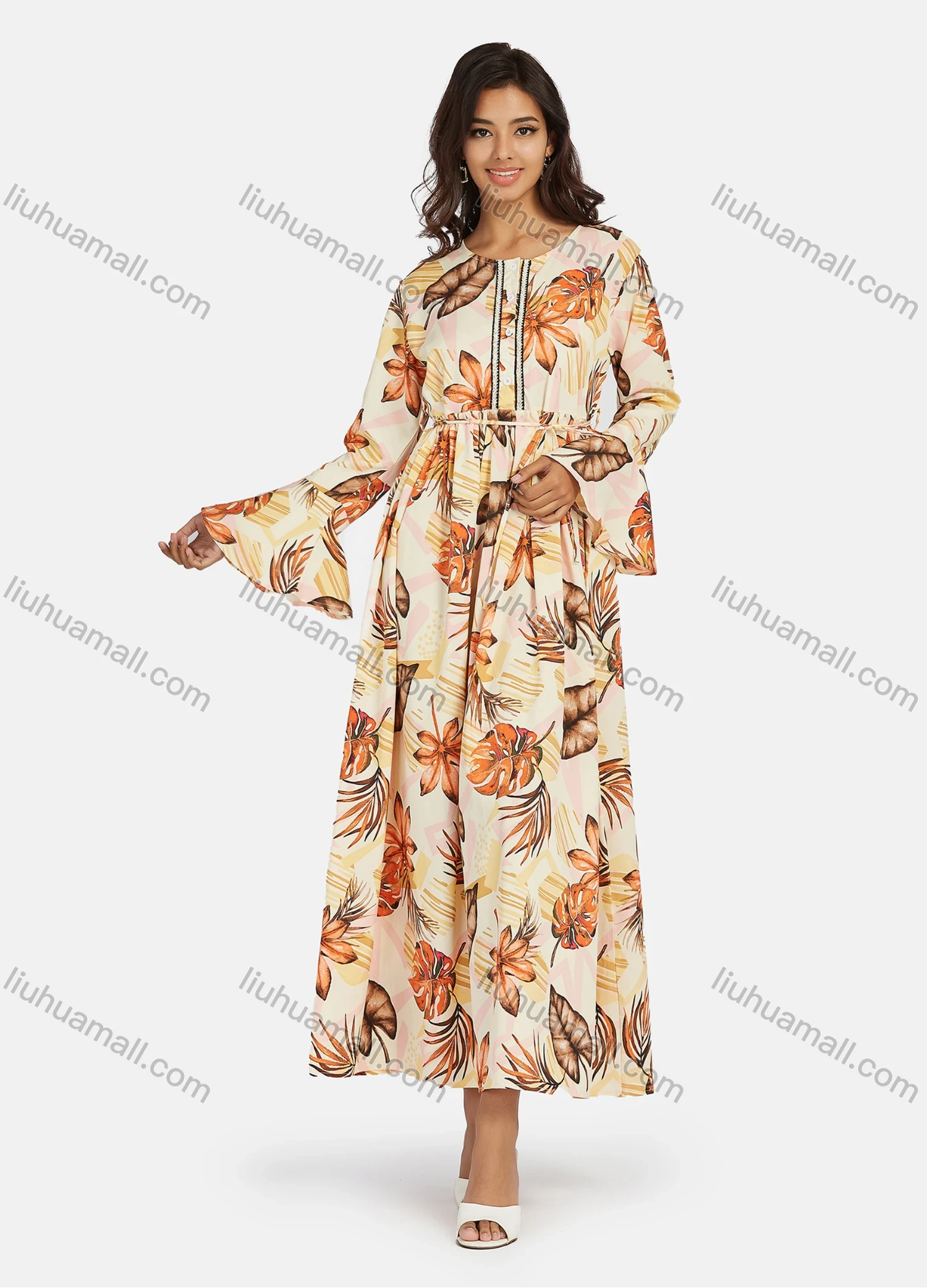 Wholesale Women's Casual Crew Neck Bell Sleeve Lace Up Floral Print Oversized Maxi Dress - Liuhuamall