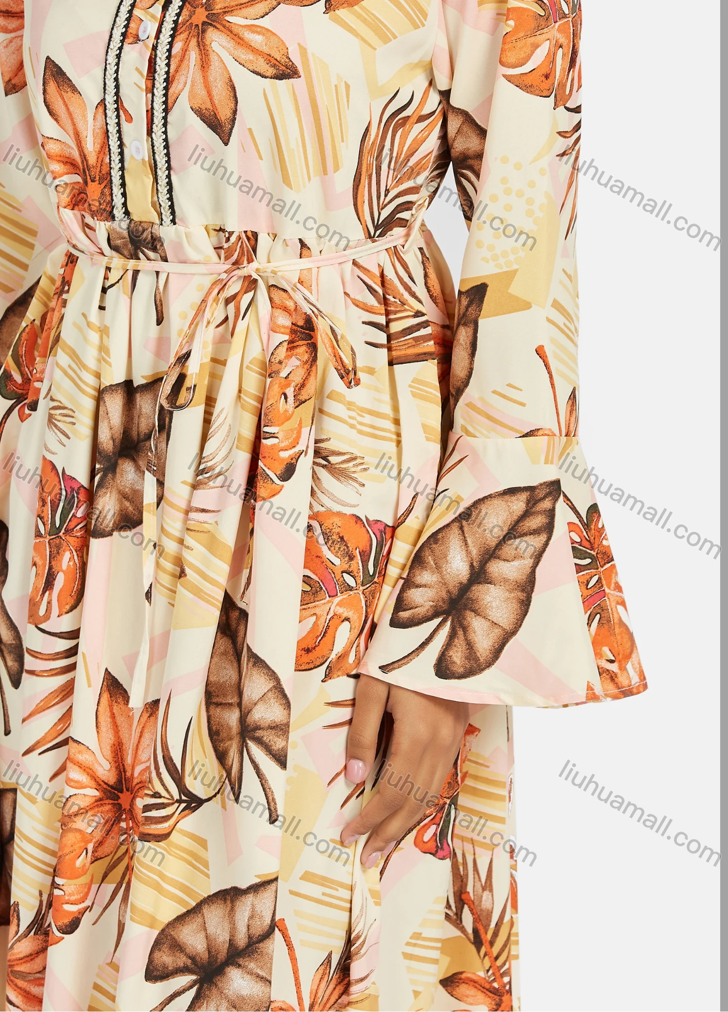 Wholesale Women's Casual Crew Neck Bell Sleeve Lace Up Floral Print Oversized Maxi Dress - Liuhuamall