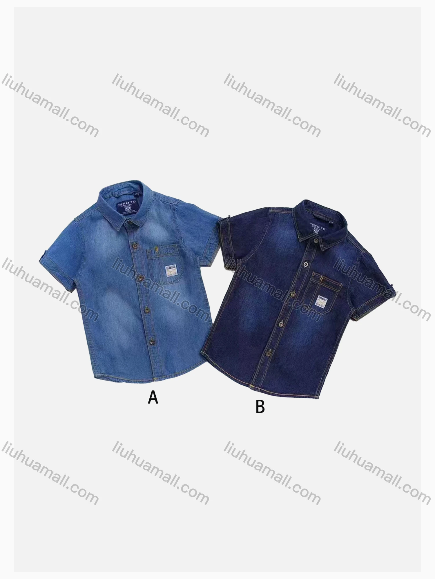 Wholesale Boys' Casual Collared Short Sleeve Pocket Plain Denim Shirt - Liuhuamall