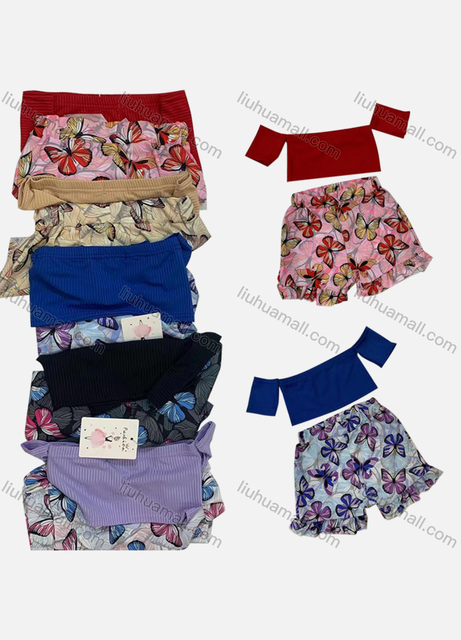 Wholesale Girl's Casual Plain Rib-knit Off Shoulder Tops & Butterfly Print Shorts 2 Piece Set - Liuhuamall