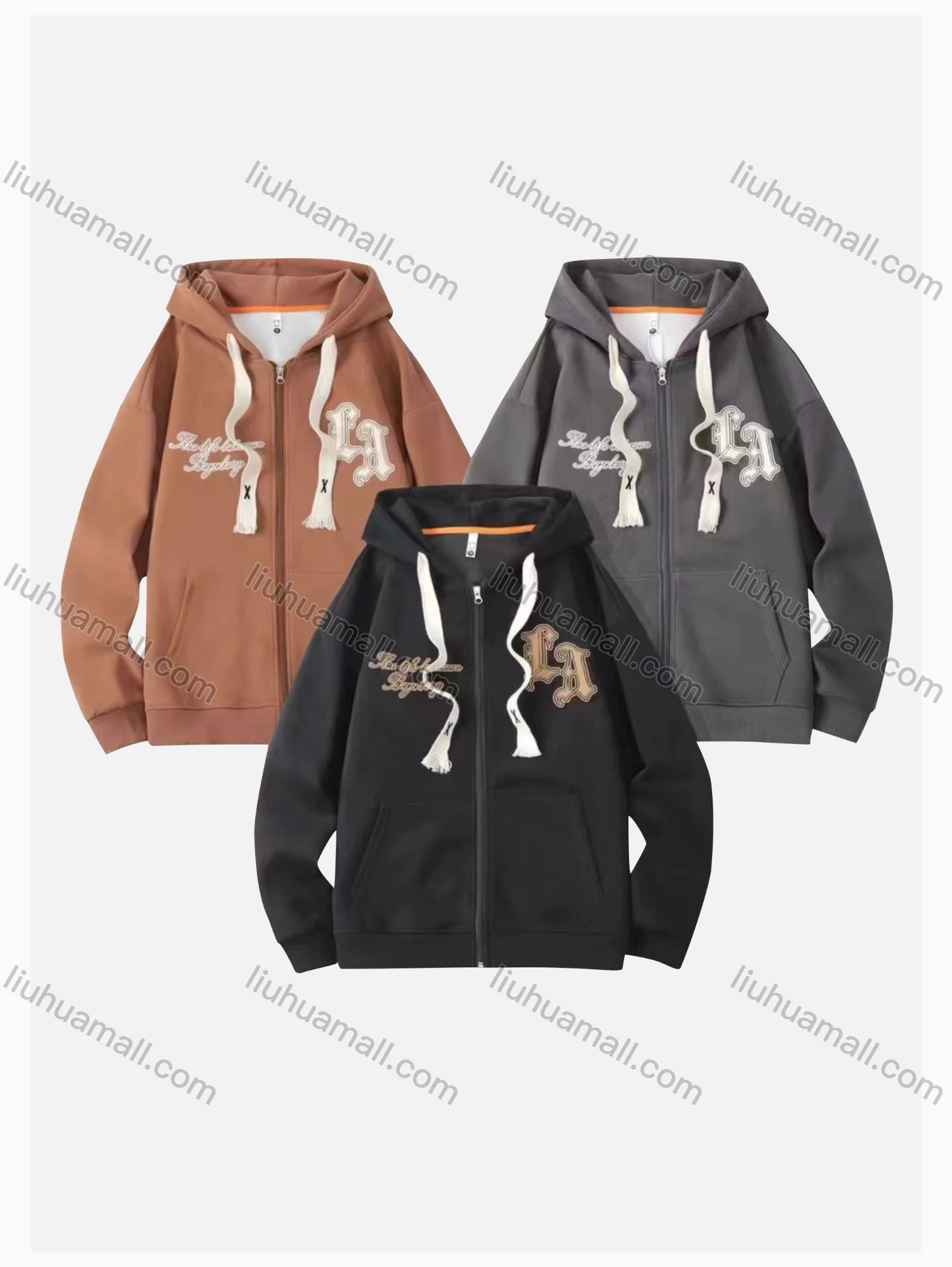 Wholesale Men's Casual Letter Print Drawstring Long Sleeve Kangaroo Pocket Hooded Zipper Jacket - Liuhuamall
