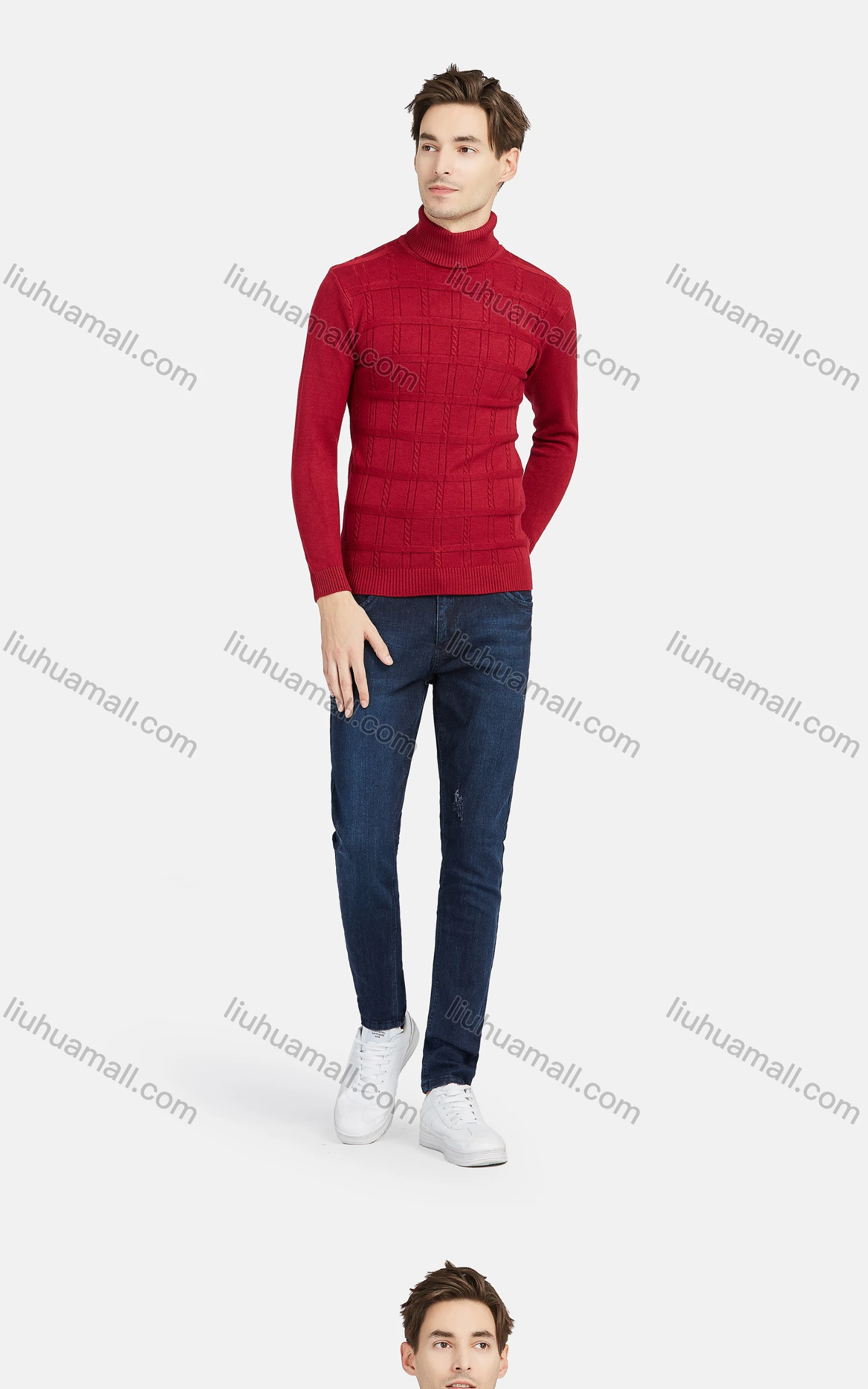 Wholesale Men's Casual Turtleneck Long Sleeve Plaid Texture Knit Sweaters - Liuhuamall