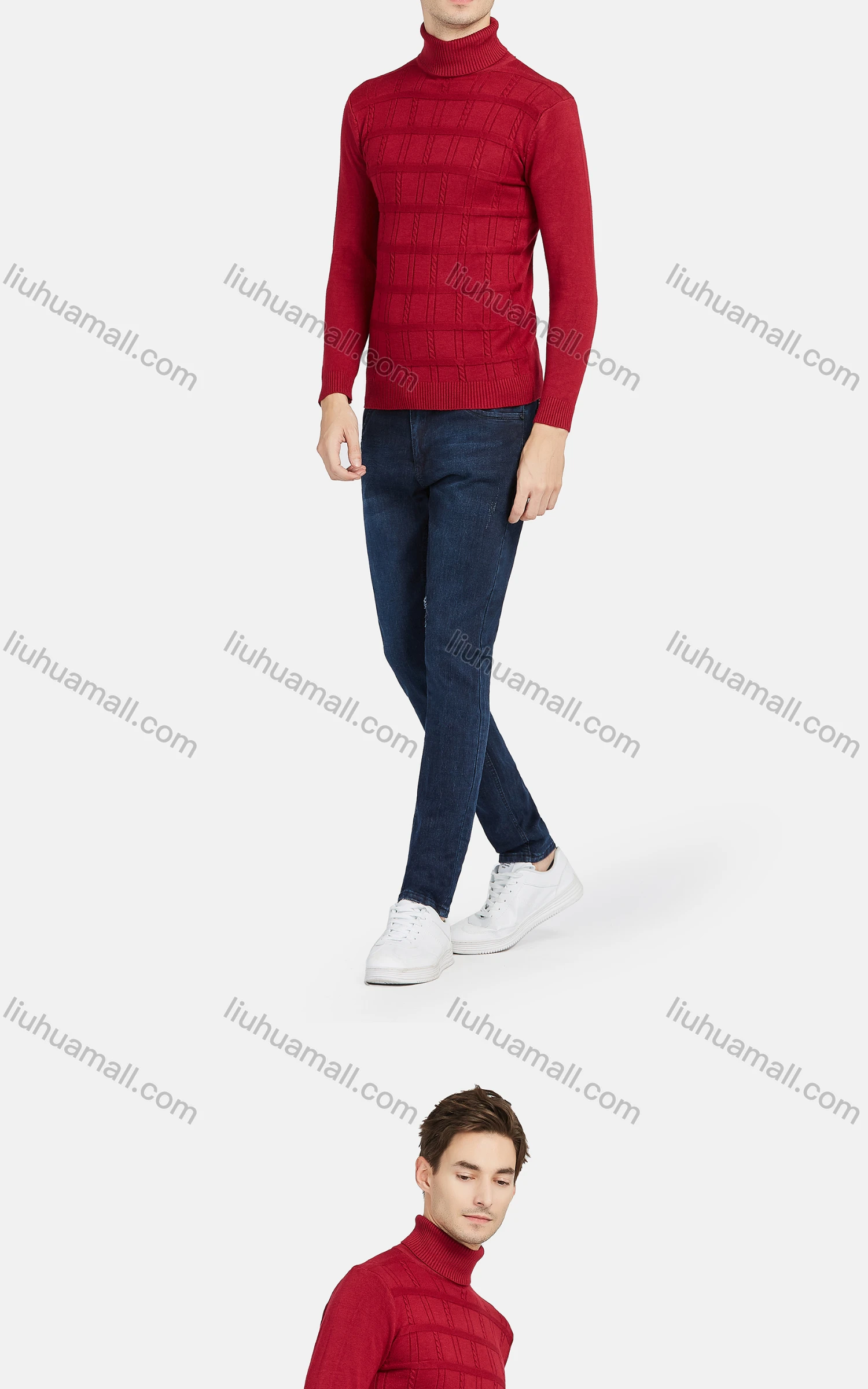 Wholesale Men's Casual Turtleneck Long Sleeve Plaid Texture Knit Sweaters - Liuhuamall