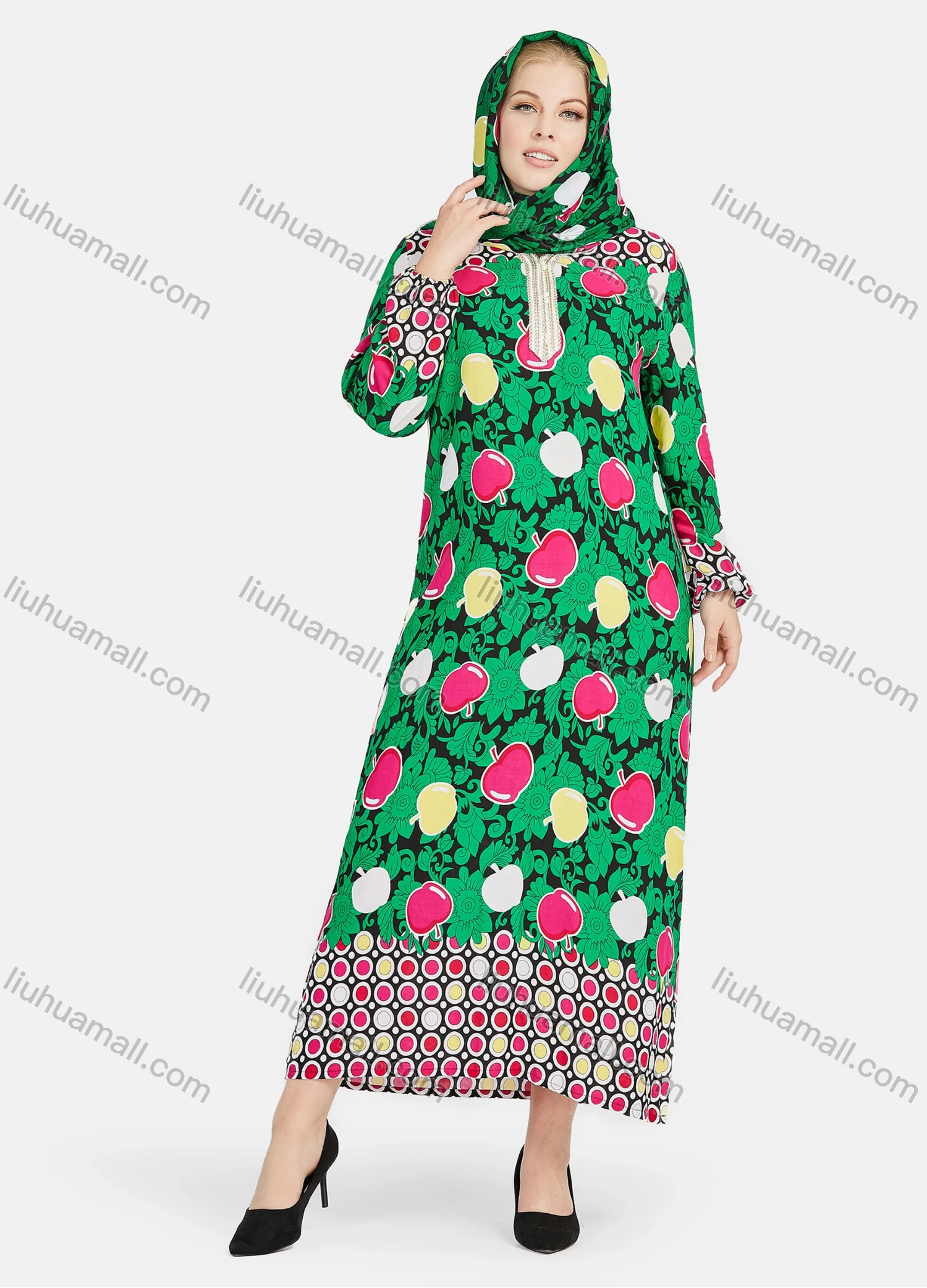 Wholesale Women's Muslim Islamic Long Sleeve Allover Print Embroidery Abaya Dress With Hijab - Liuhuamall
