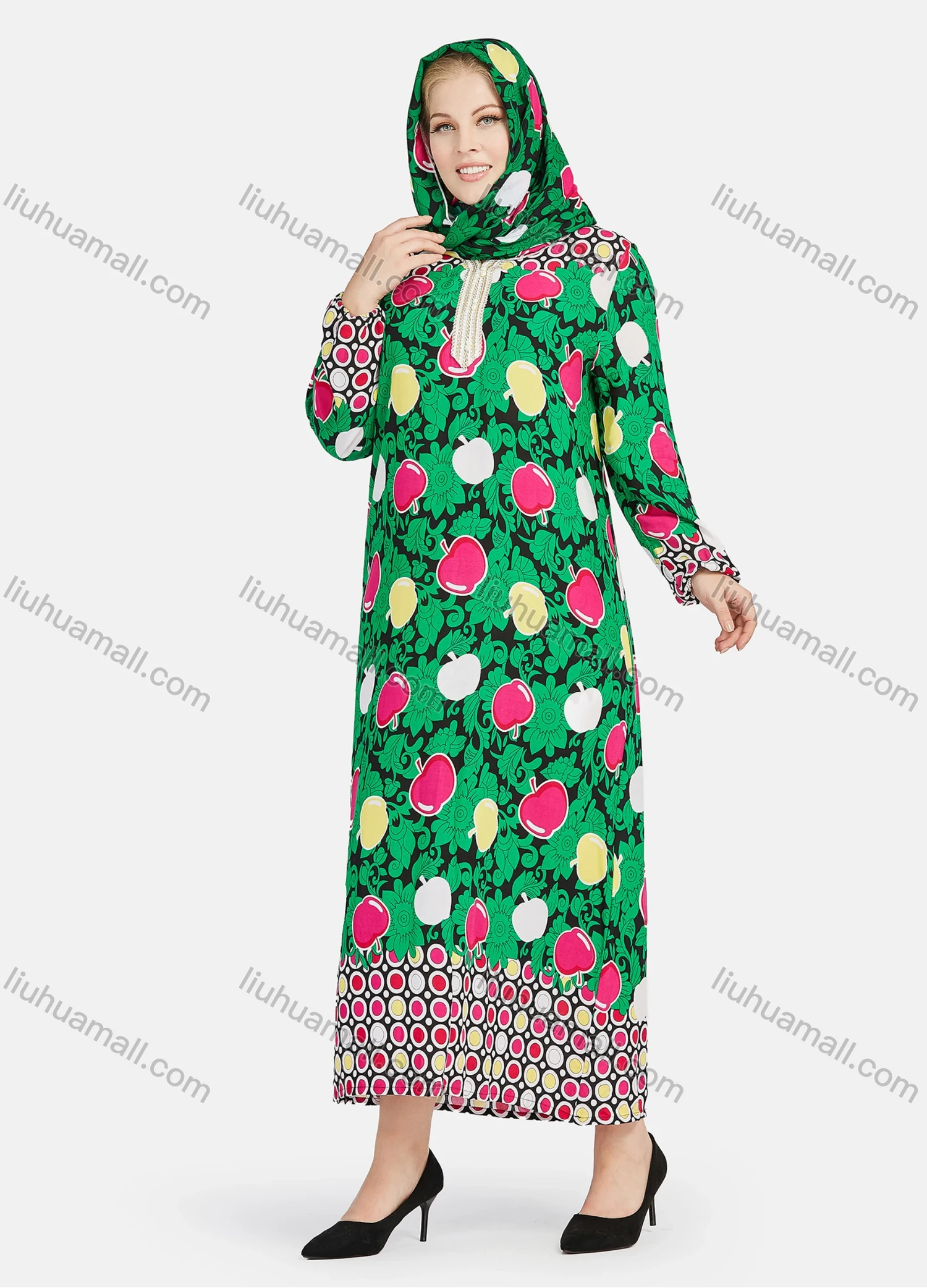 Wholesale Women's Muslim Islamic Long Sleeve Allover Print Embroidery Abaya Dress With Hijab - Liuhuamall