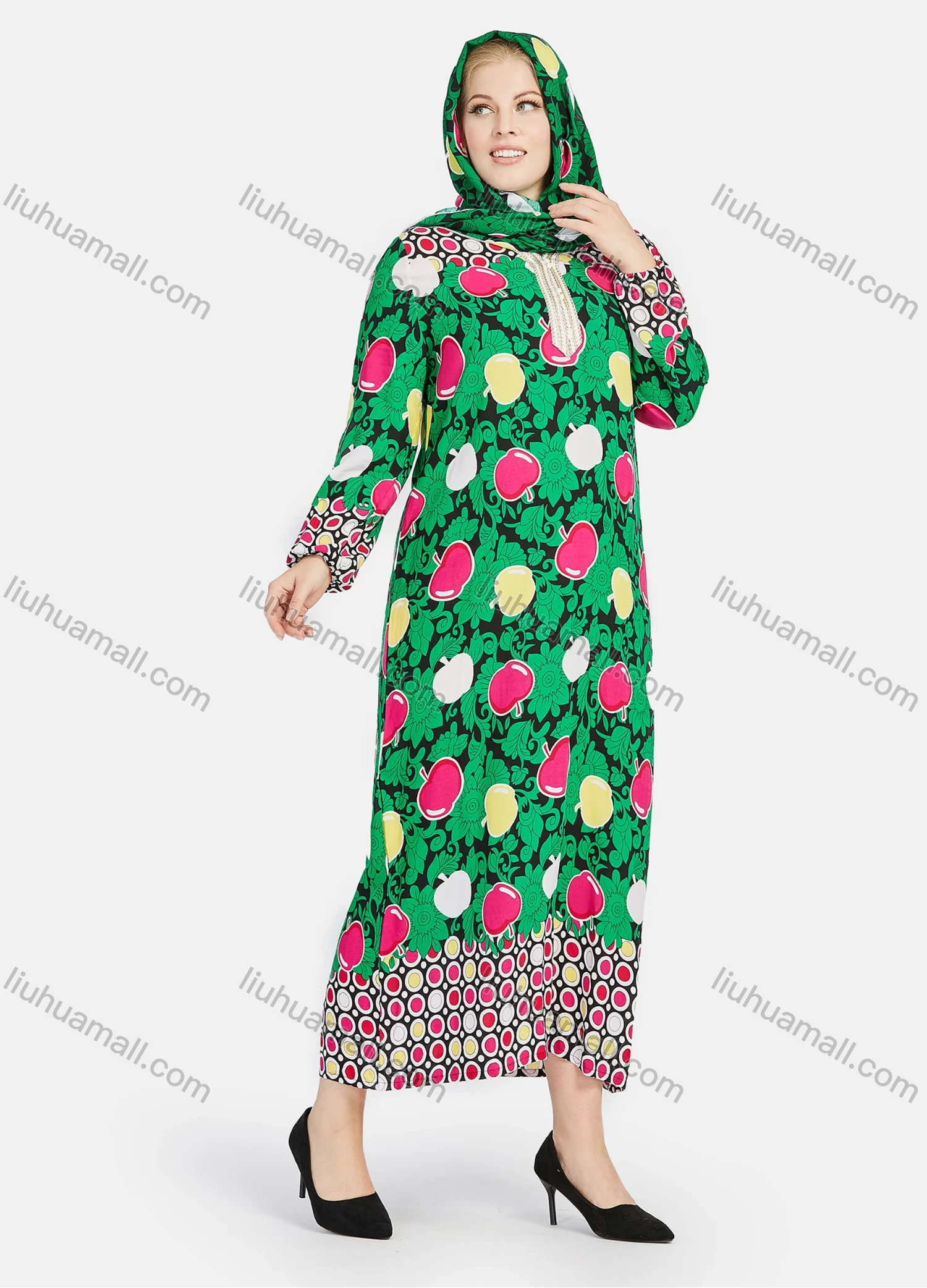 Wholesale Women's Muslim Islamic Long Sleeve Allover Print Embroidery Abaya Dress With Hijab - Liuhuamall