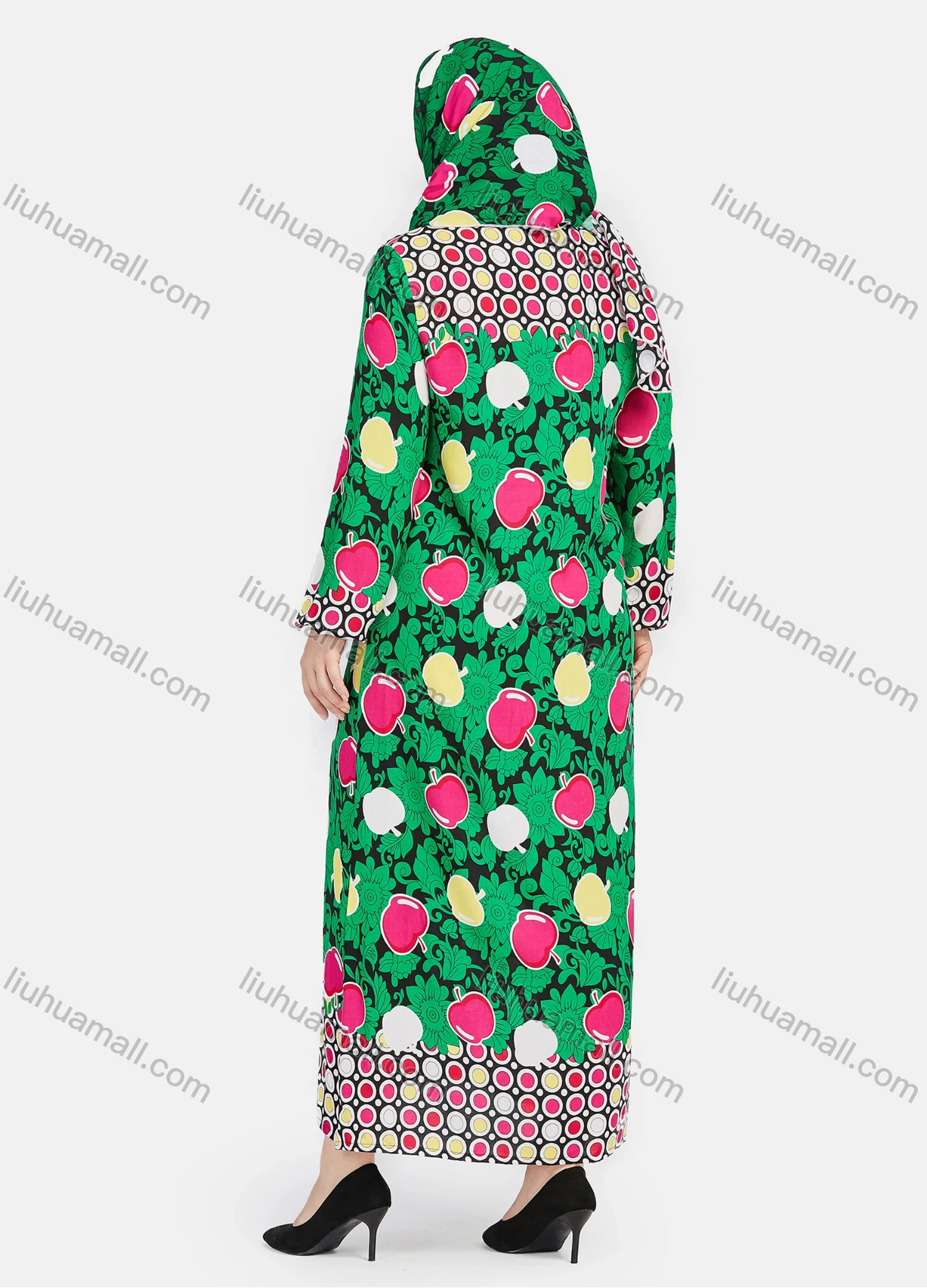 Wholesale Women's Muslim Islamic Long Sleeve Allover Print Embroidery Abaya Dress With Hijab - Liuhuamall