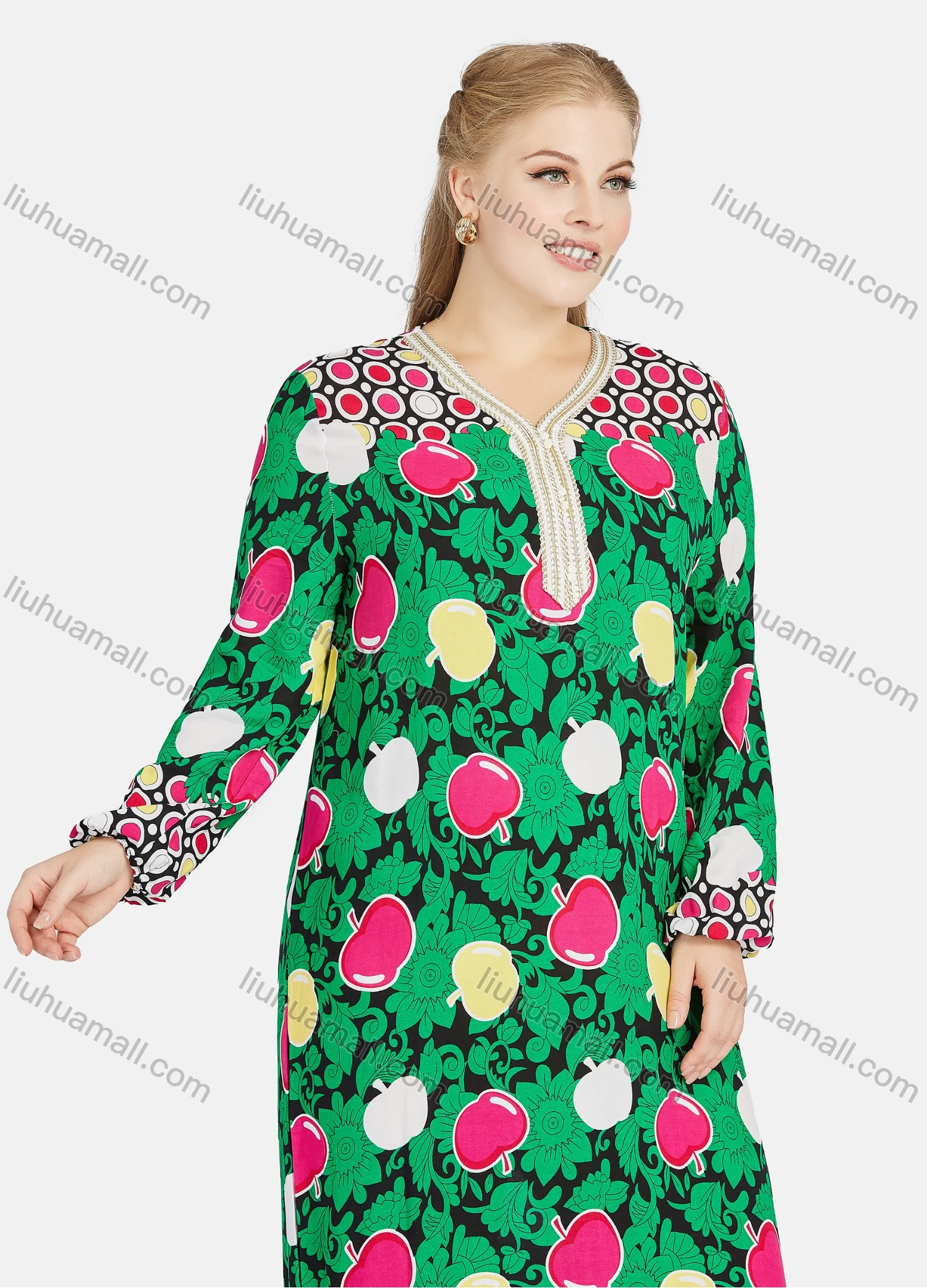 Wholesale Women's Muslim Islamic Long Sleeve Allover Print Embroidery Abaya Dress With Hijab - Liuhuamall