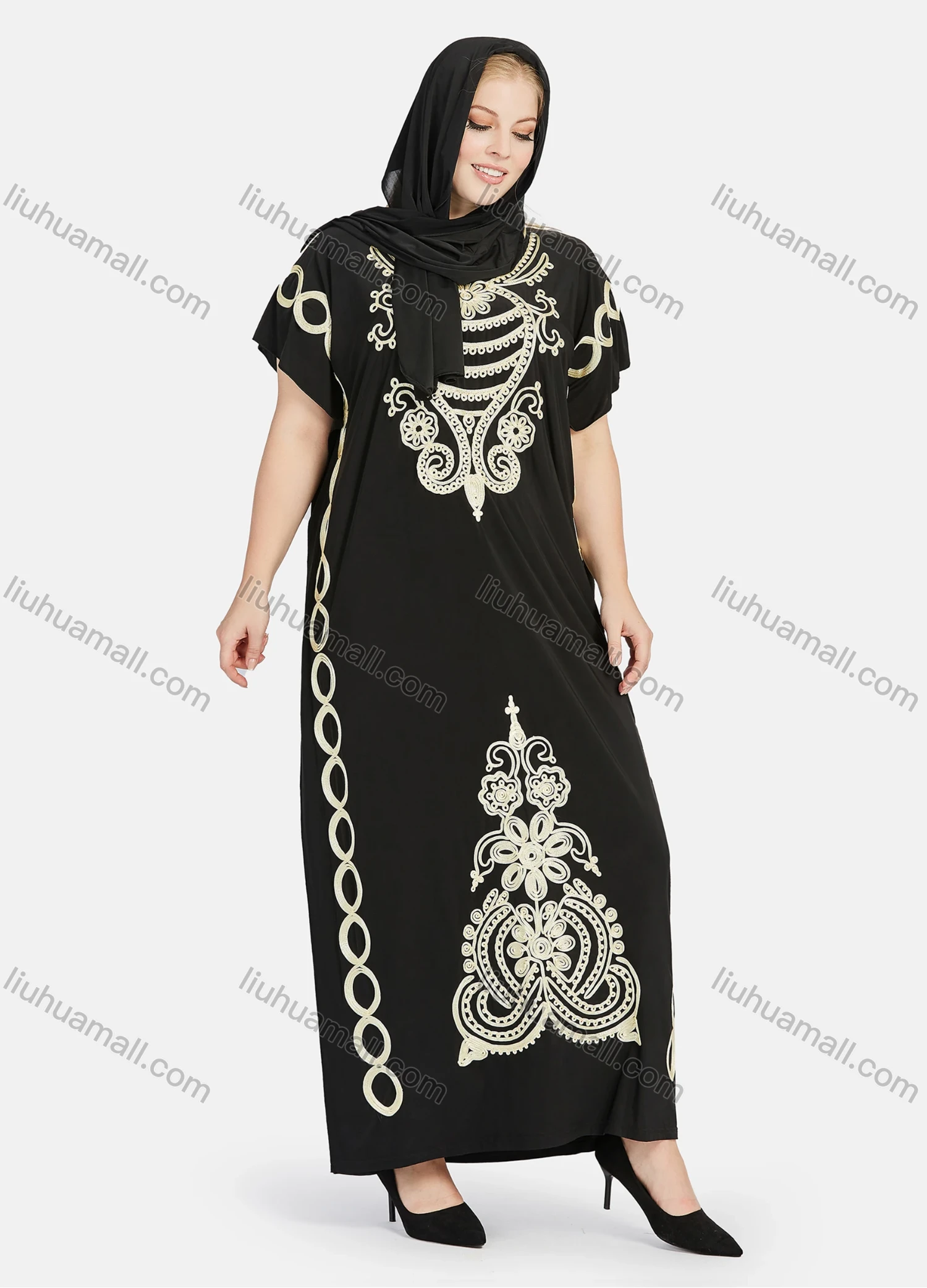 Wholesale Women's African Short Sleeve Gold Thread Embroidery Round Neck Maxi Dress With Hijab - Liuhuamall