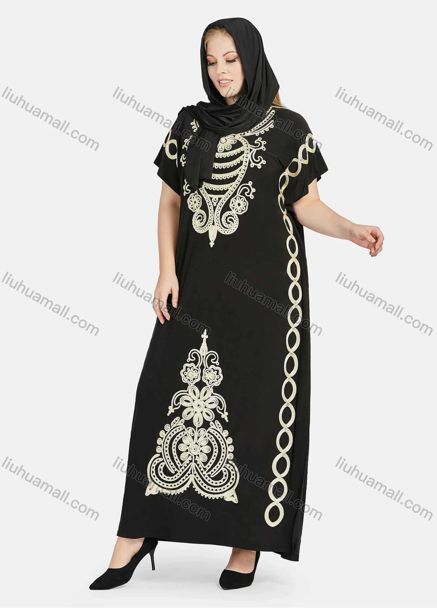 Wholesale Women's African Short Sleeve Gold Thread Embroidery Round Neck Maxi Dress With Hijab - Liuhuamall
