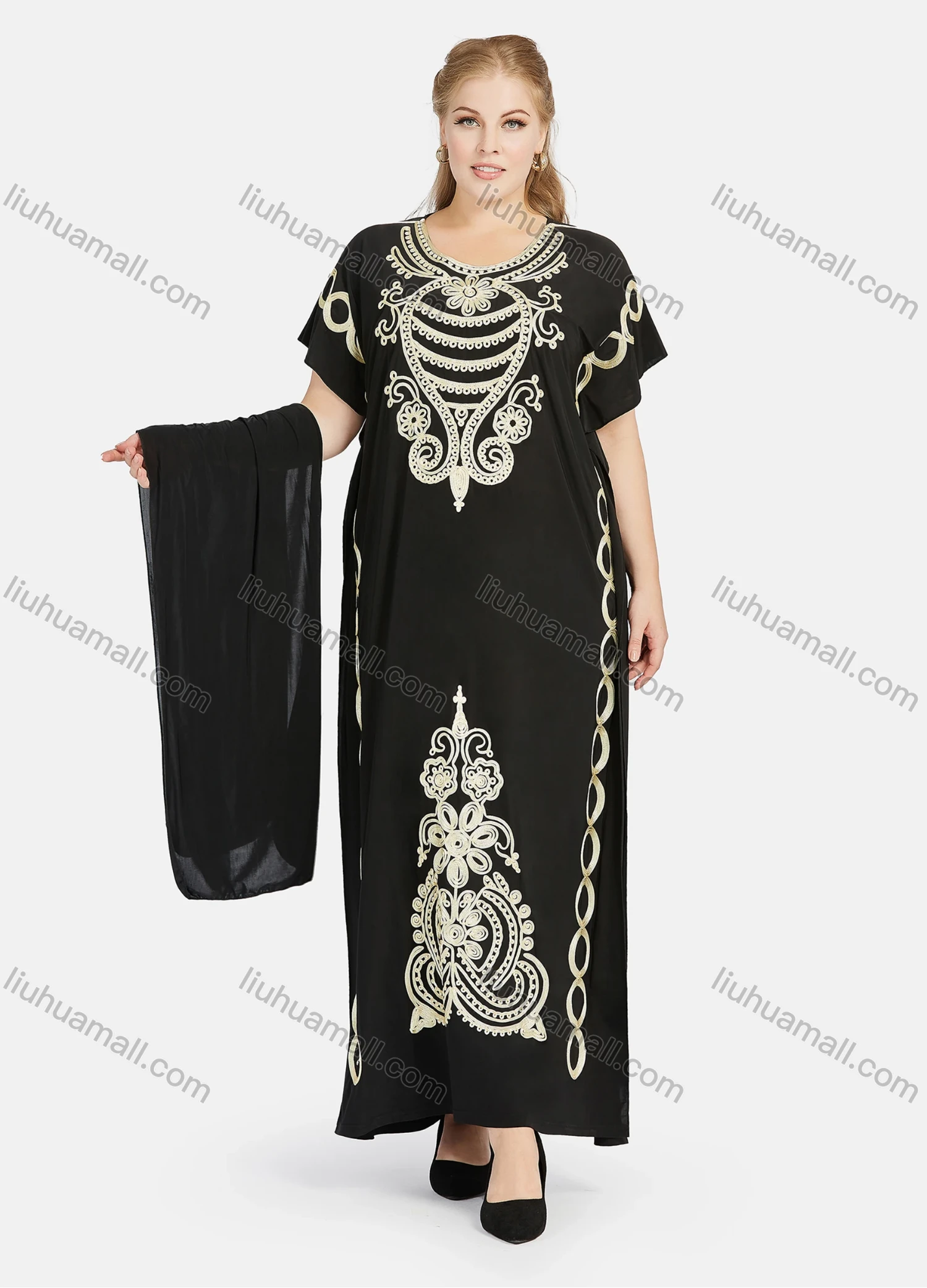Wholesale Women's African Short Sleeve Gold Thread Embroidery Round Neck Maxi Dress With Hijab - Liuhuamall