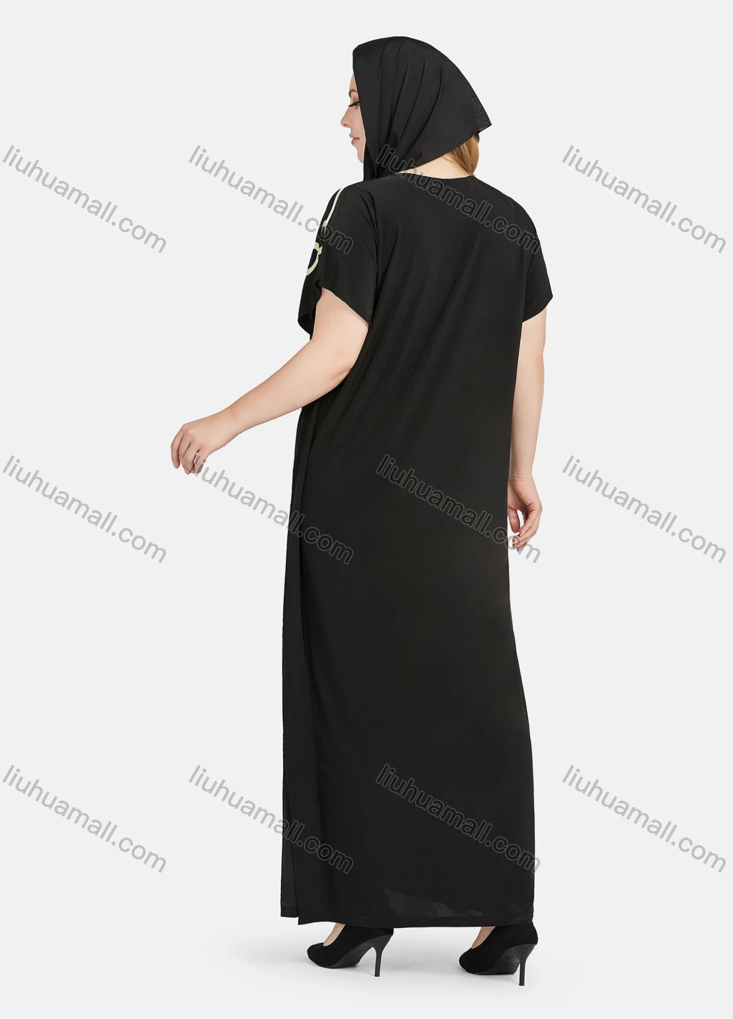 Wholesale Women's African Short Sleeve Gold Thread Embroidery Round Neck Maxi Dress With Hijab - Liuhuamall