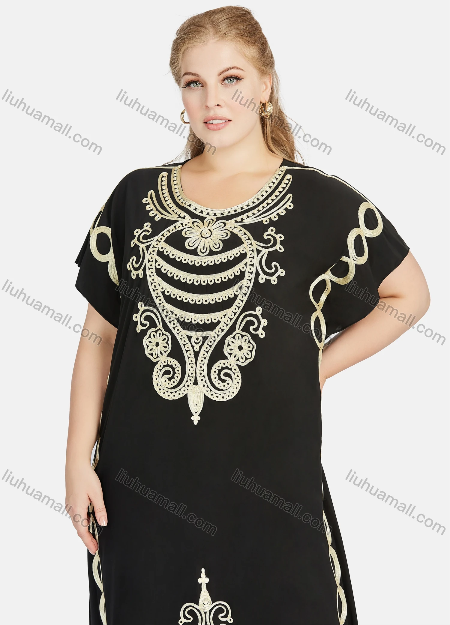 Wholesale Women's African Short Sleeve Gold Thread Embroidery Round Neck Maxi Dress With Hijab - Liuhuamall