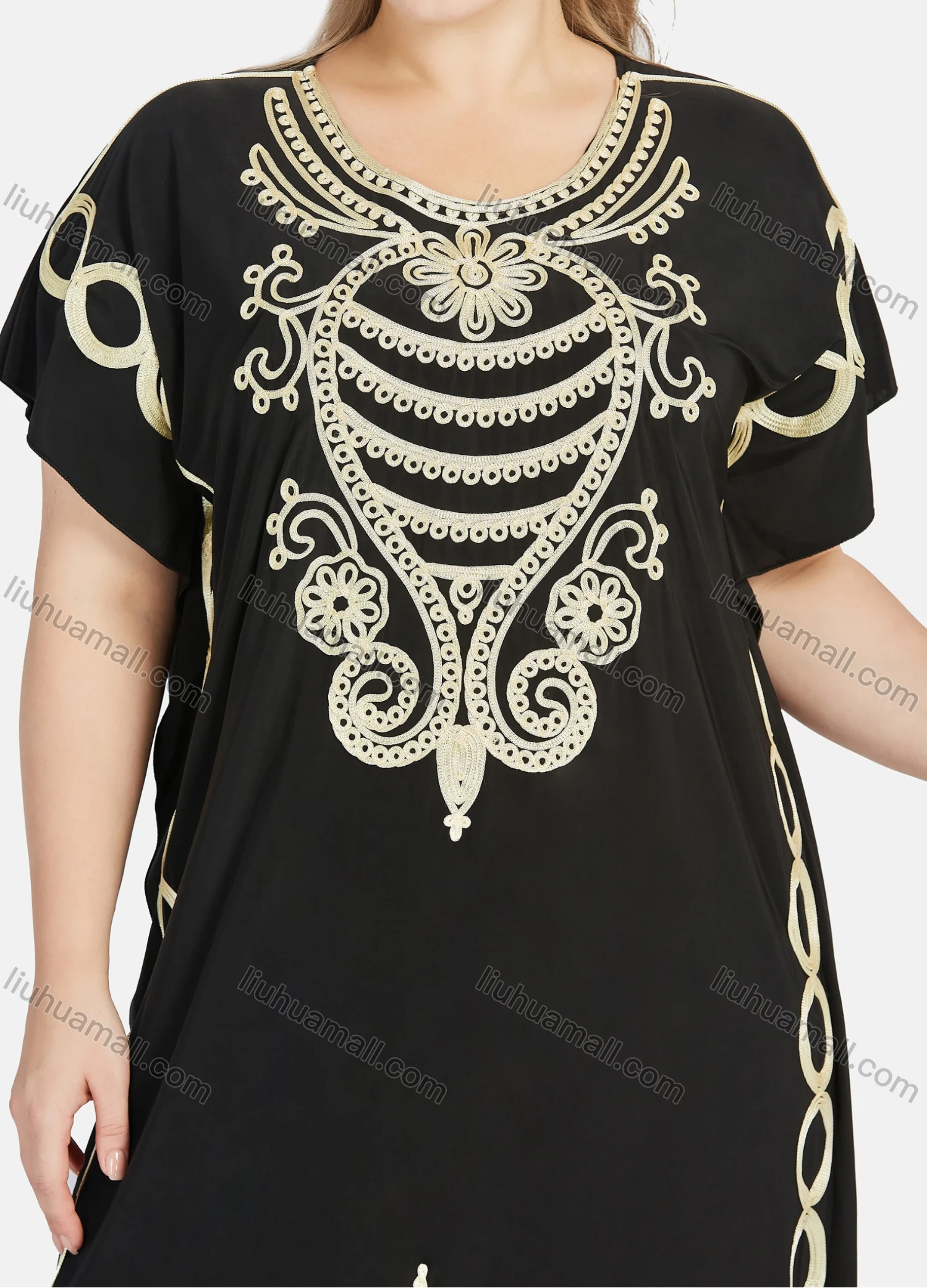 Wholesale Women's African Short Sleeve Gold Thread Embroidery Round Neck Maxi Dress With Hijab - Liuhuamall