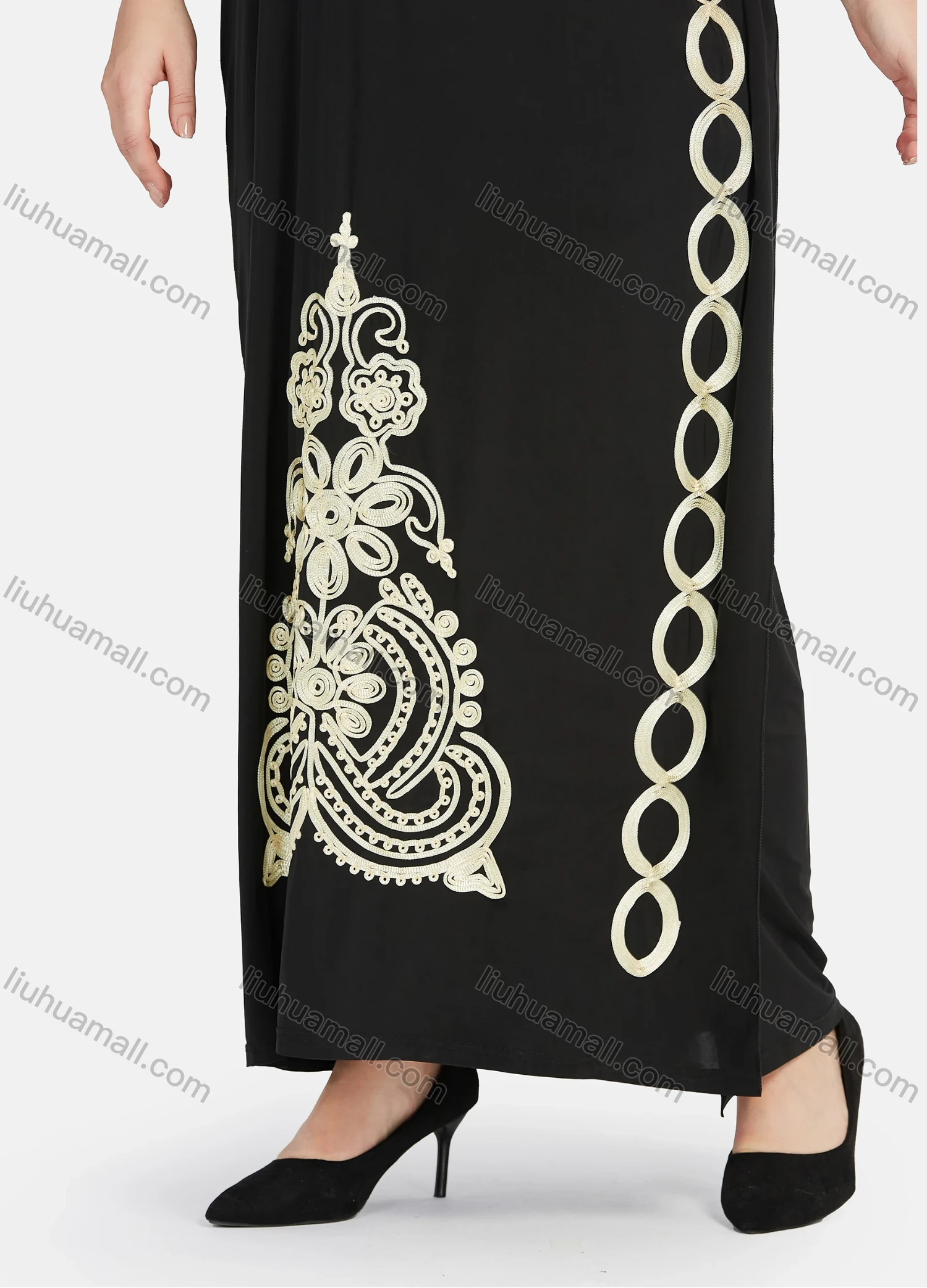 Wholesale Women's African Short Sleeve Gold Thread Embroidery Round Neck Maxi Dress With Hijab - Liuhuamall