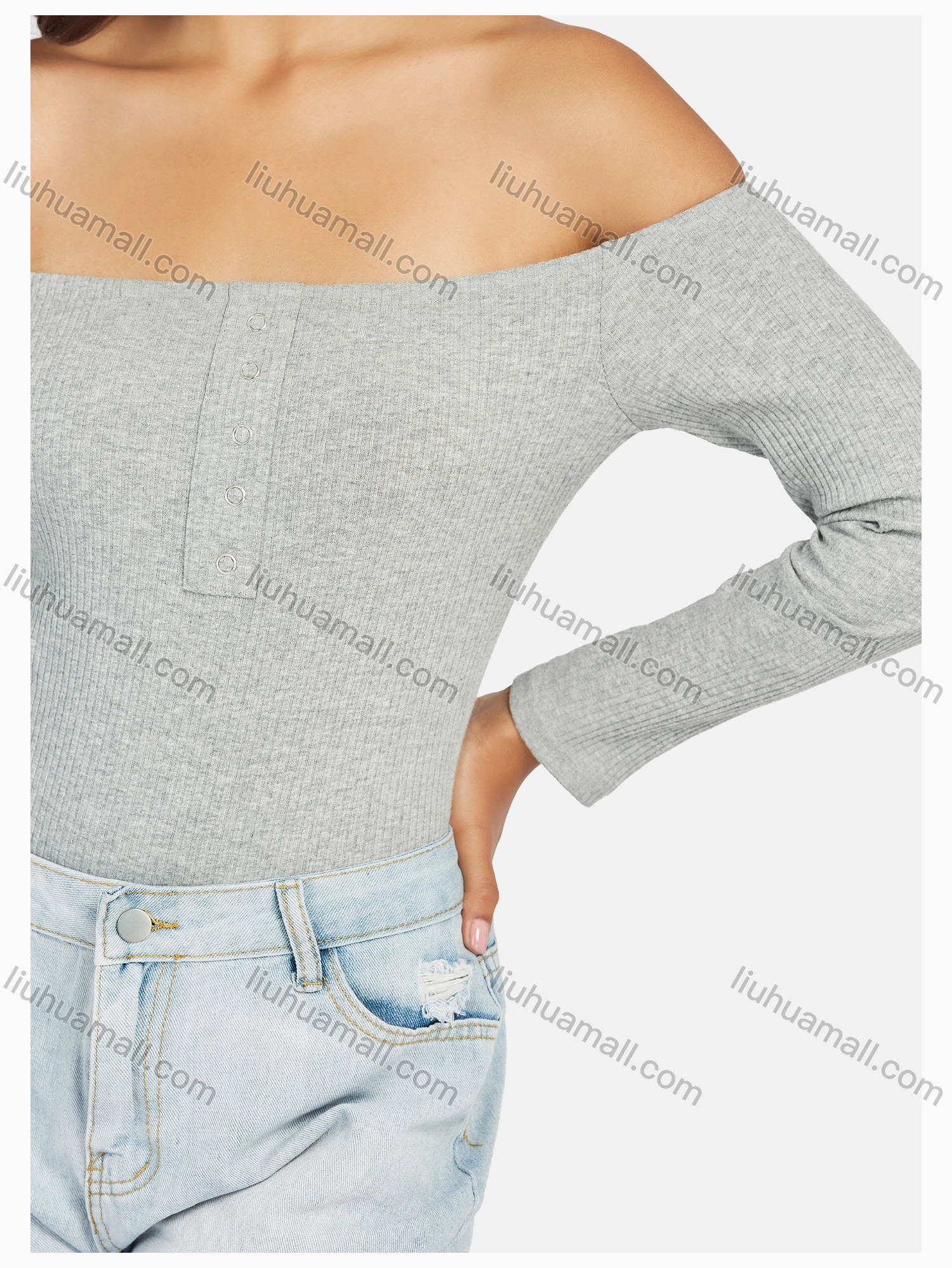 Wholesale Women's Sexy Off Shoulder Long Sleeve Plain Bodysuit - Liuhuamall