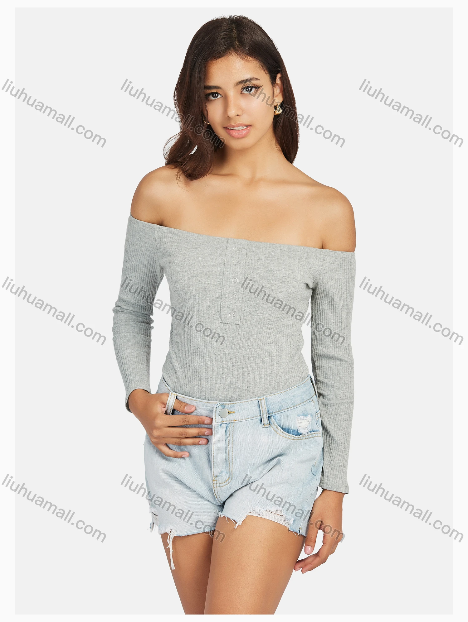 Wholesale Women's Sexy Off Shoulder Long Sleeve Plain Bodysuit - Liuhuamall