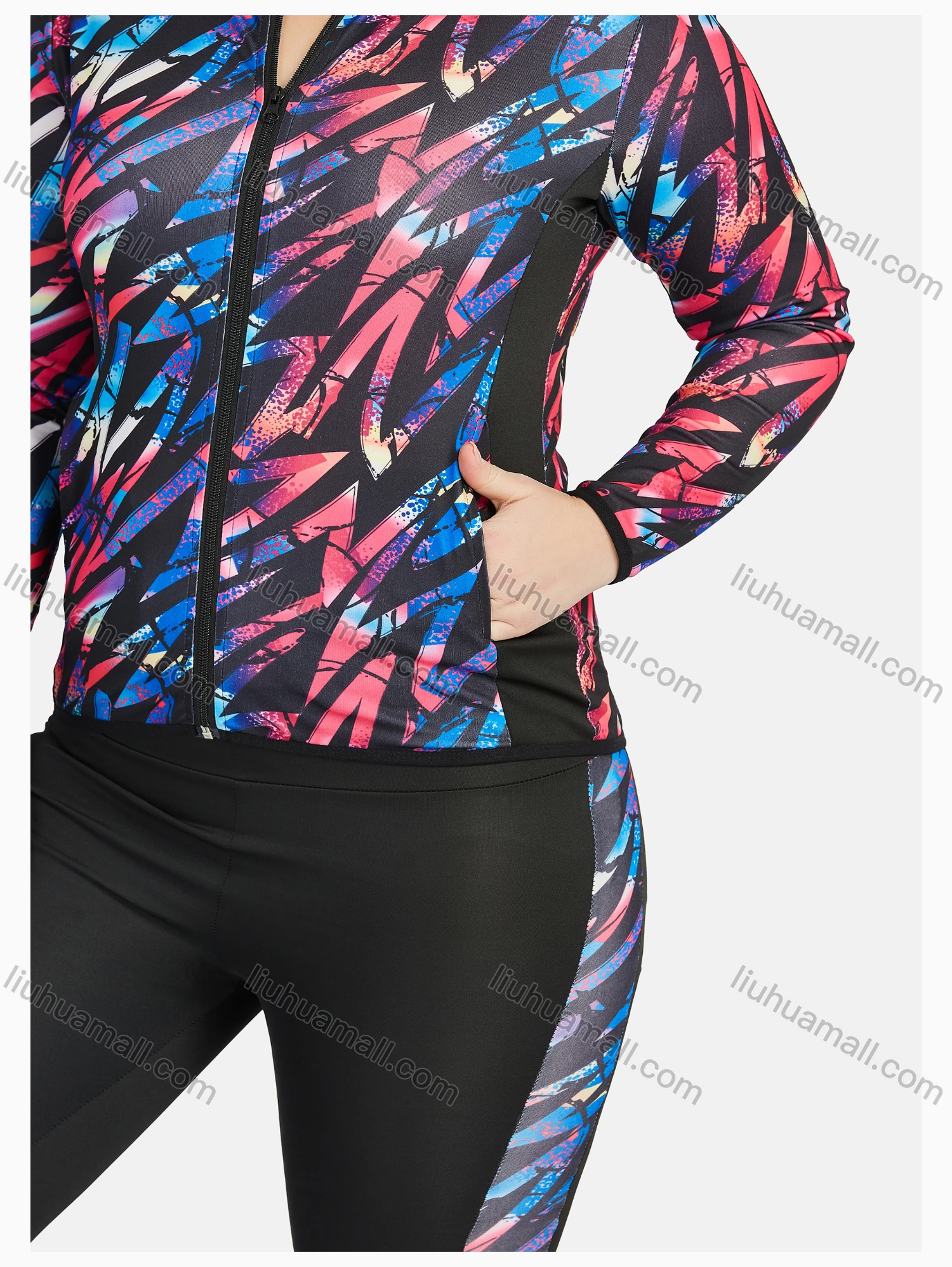 Wholesale Women's Sporty Hooded Allover Print Zipper Long Sleeve Top & Jogger Sets - Liuhuamall