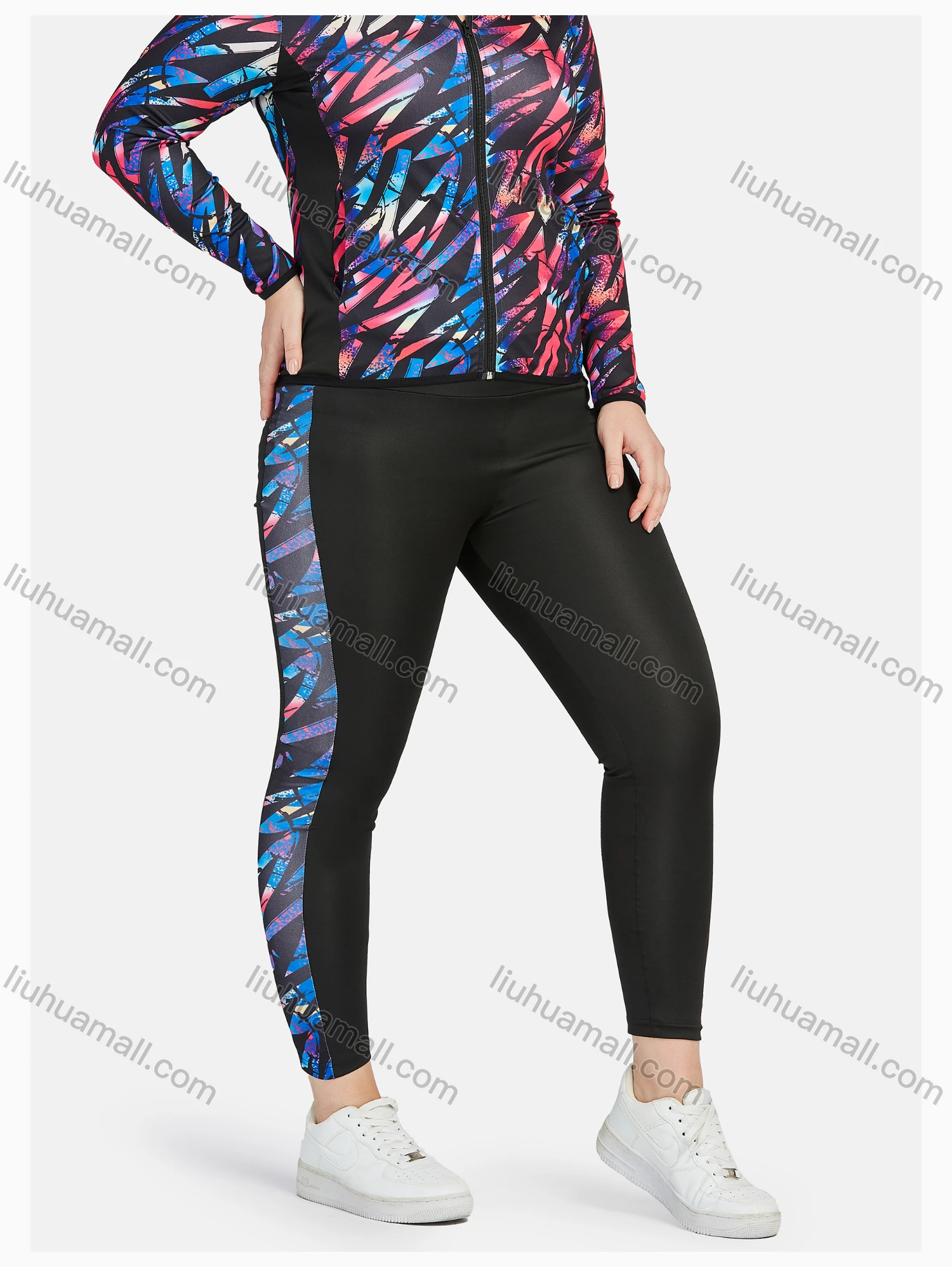 Wholesale Women's Sporty Hooded Allover Print Zipper Long Sleeve Top & Jogger Sets - Liuhuamall
