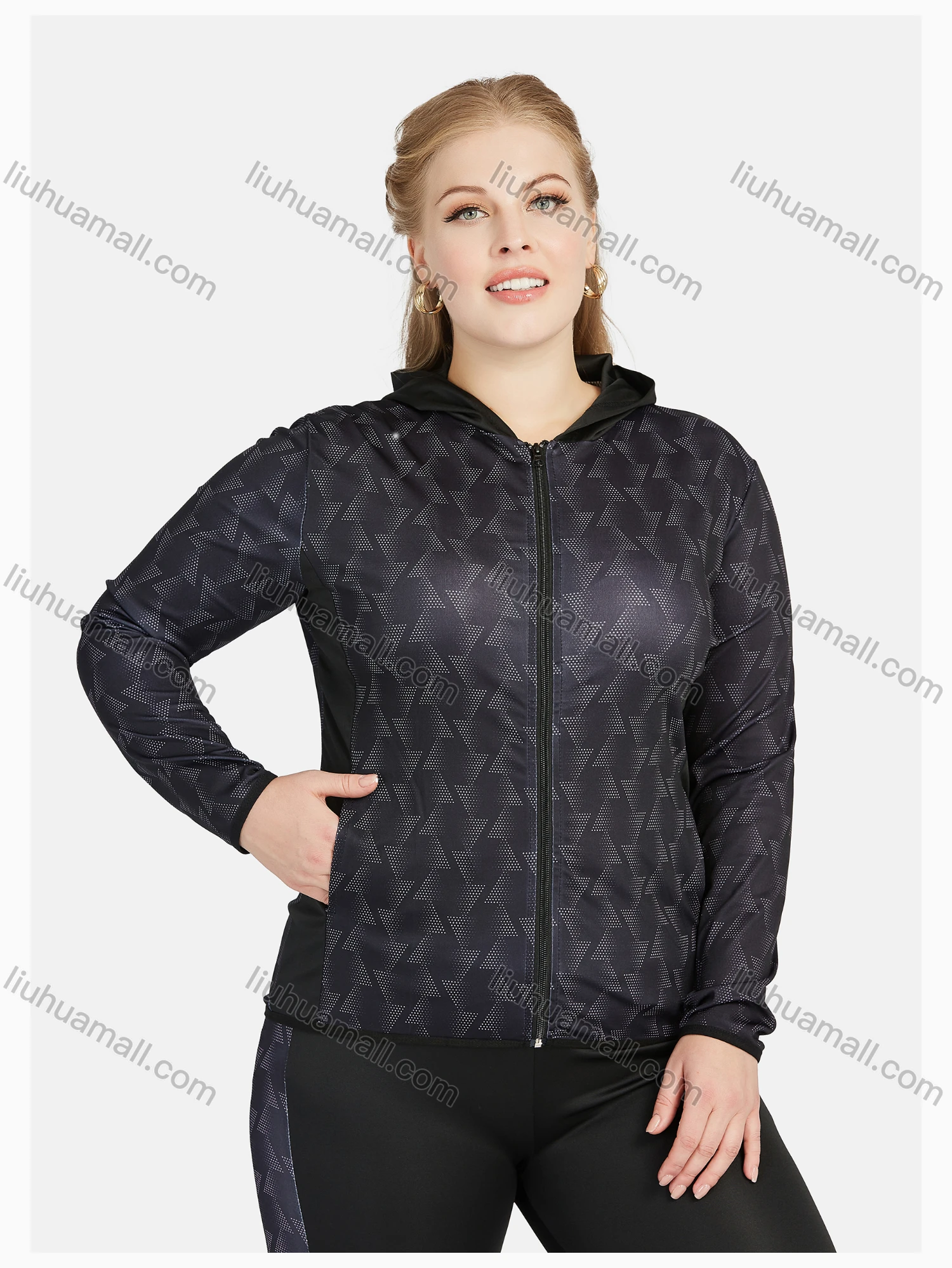 Wholesale Women's Sporty Hooded Allover Print Zipper Long Sleeve Top & Jogger Sets - Liuhuamall