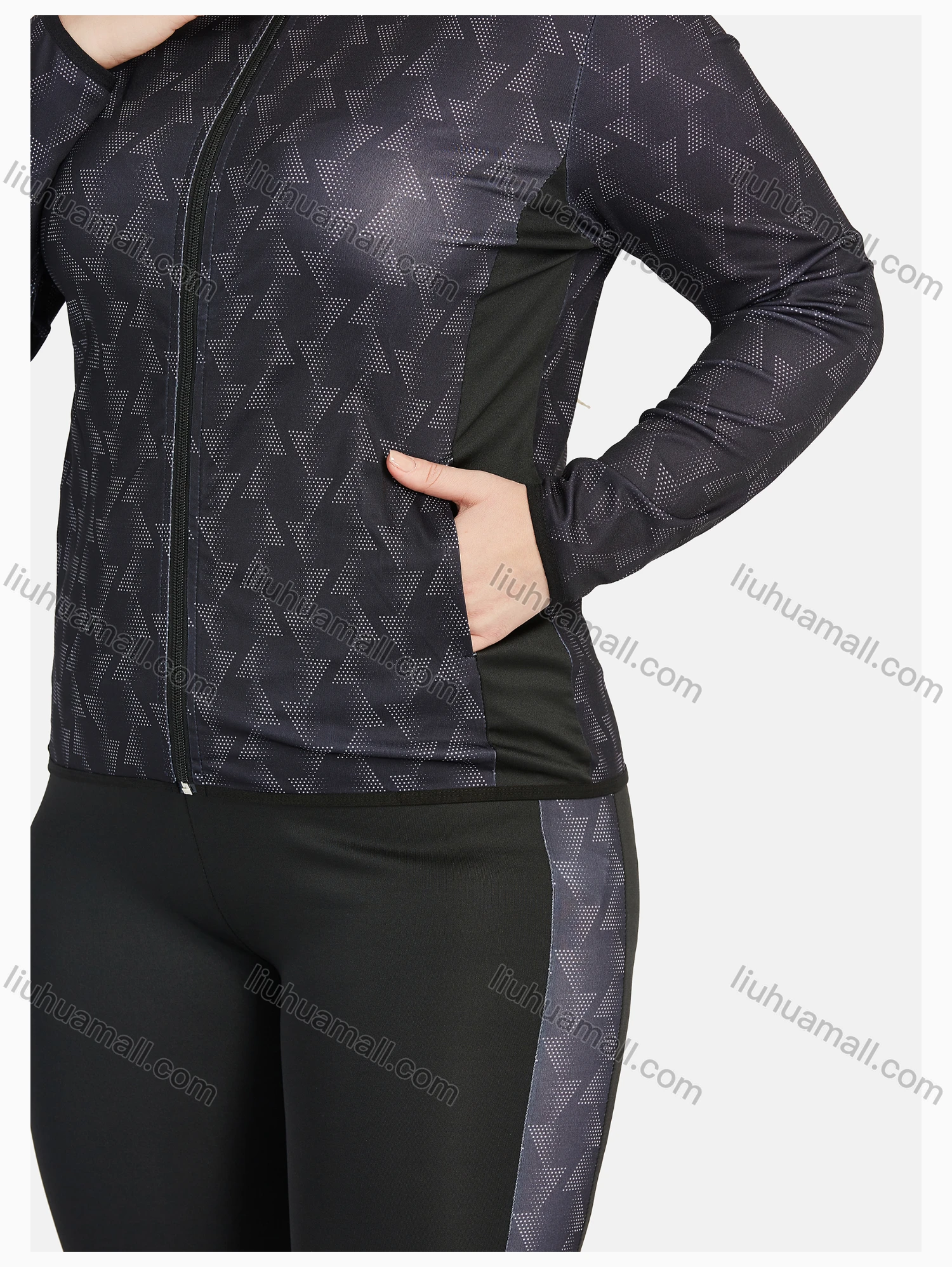 Wholesale Women's Sporty Hooded Allover Print Zipper Long Sleeve Top & Jogger Sets - Liuhuamall