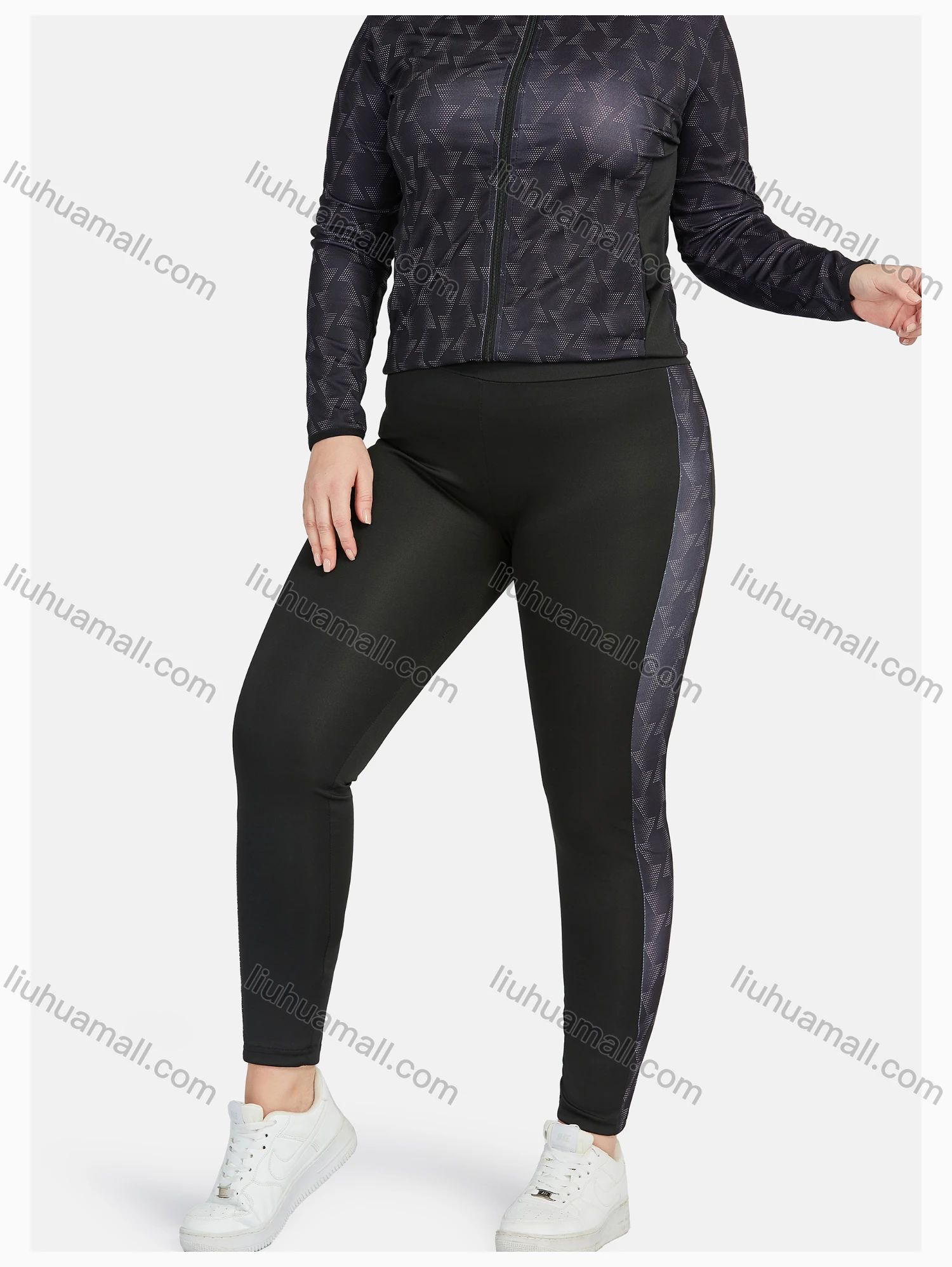 Wholesale Women's Sporty Hooded Allover Print Zipper Long Sleeve Top & Jogger Sets - Liuhuamall