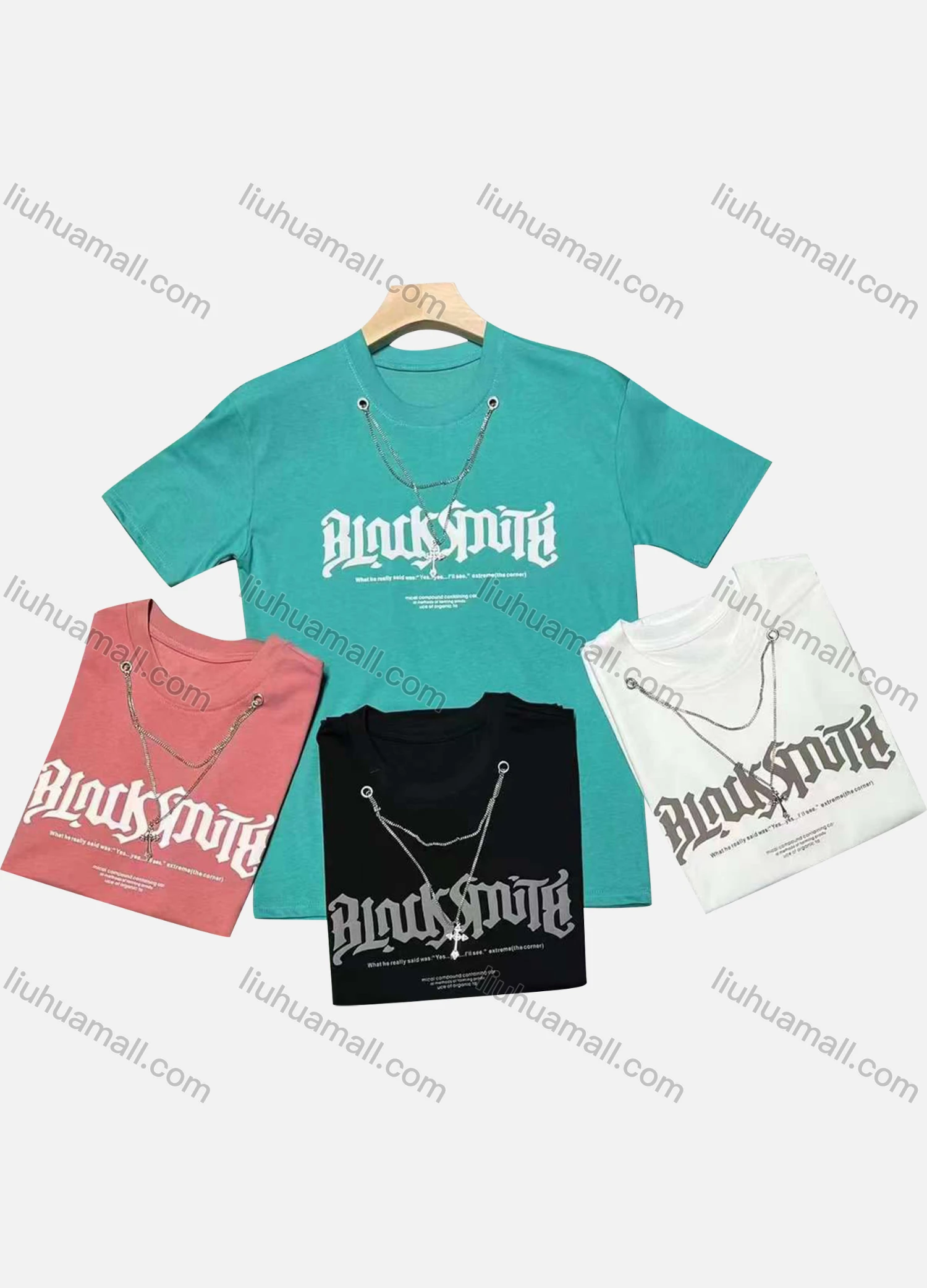 Wholesale Men's Casual Round Neck Short Sleeve Letter Metal Chain 100%Cotton T-shirt - Liuhuamall