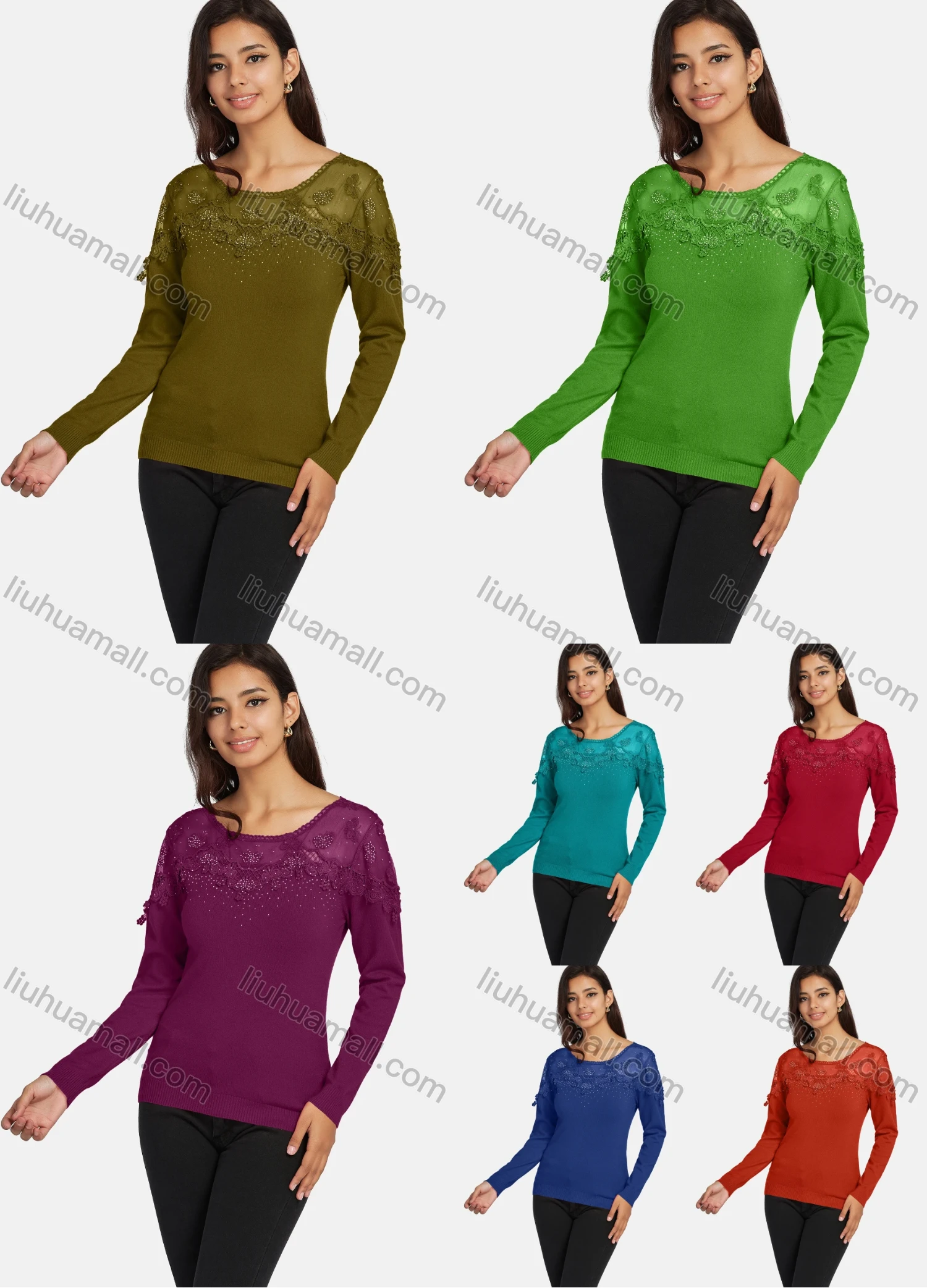 Wholesale Women's Casual Round Neck Long Sleeve Mesh Rhinestone Pain Top - Liuhuamall