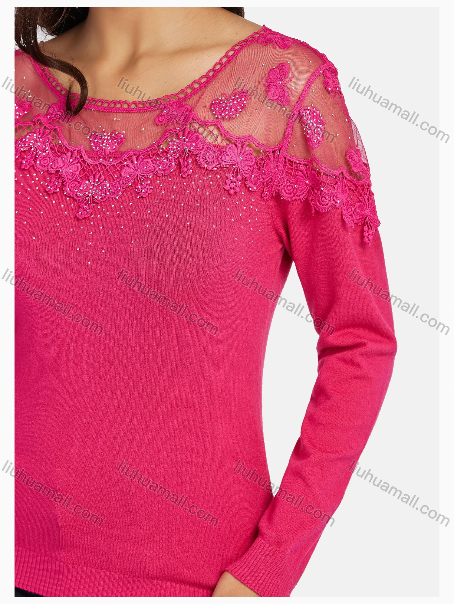Wholesale Women's Casual Round Neck Long Sleeve Mesh Rhinestone Pain Top - Liuhuamall